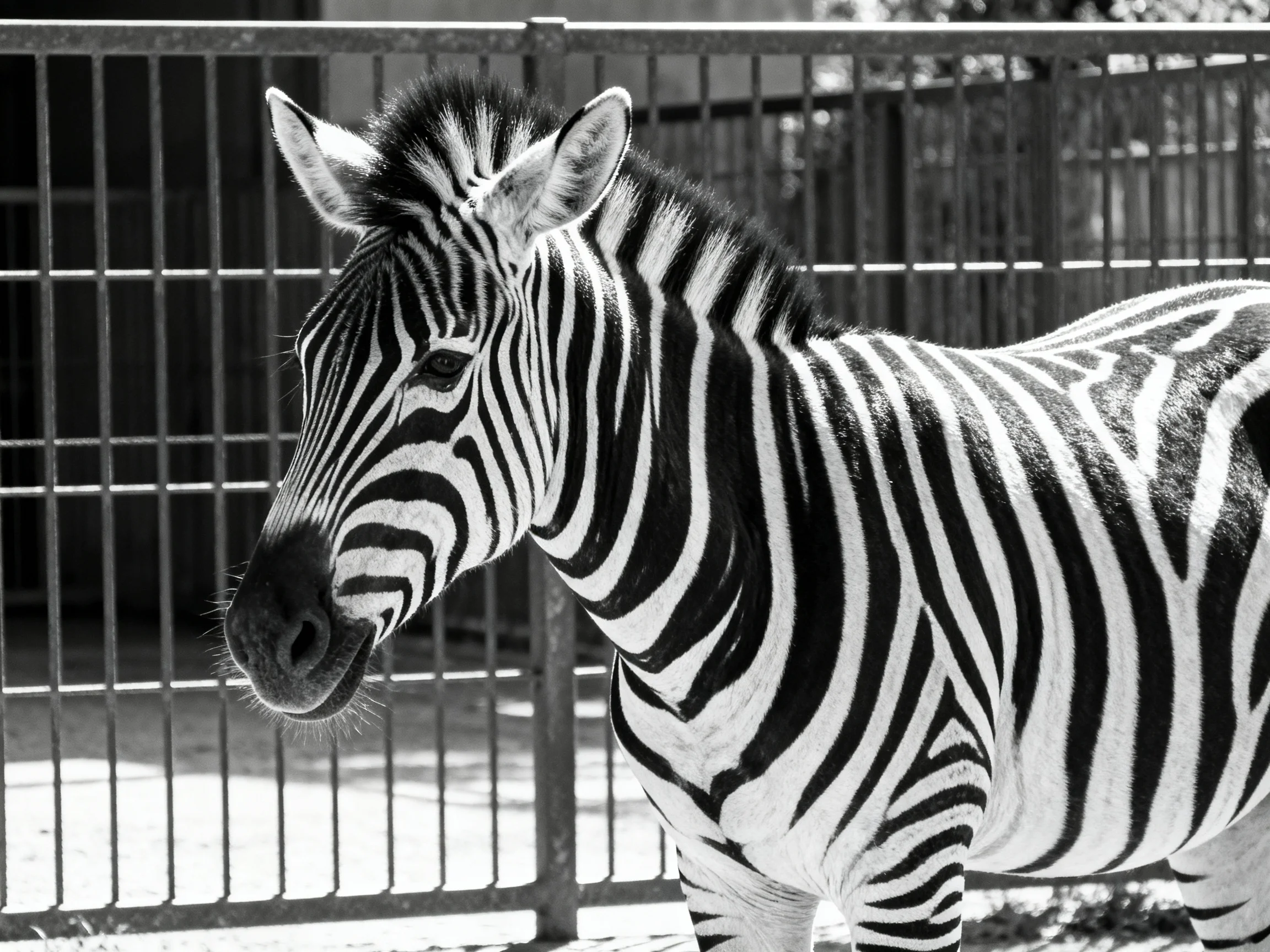 A black and white striped zebra near metal fence bars