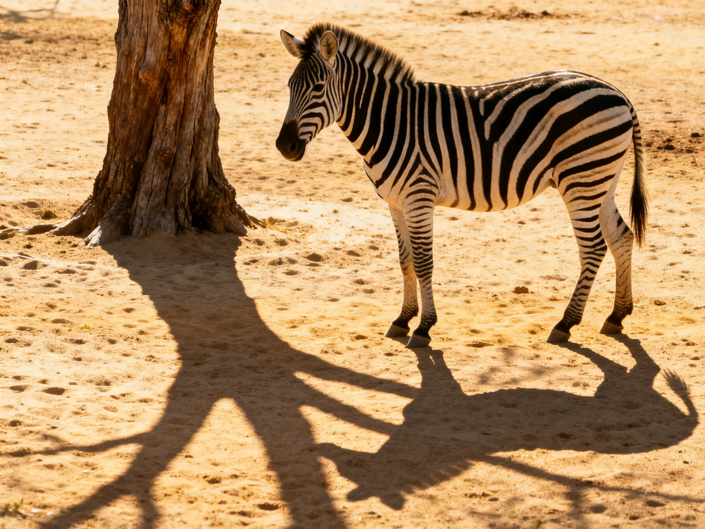 A black-and-white striped zebra stands near a large brown tree trunk