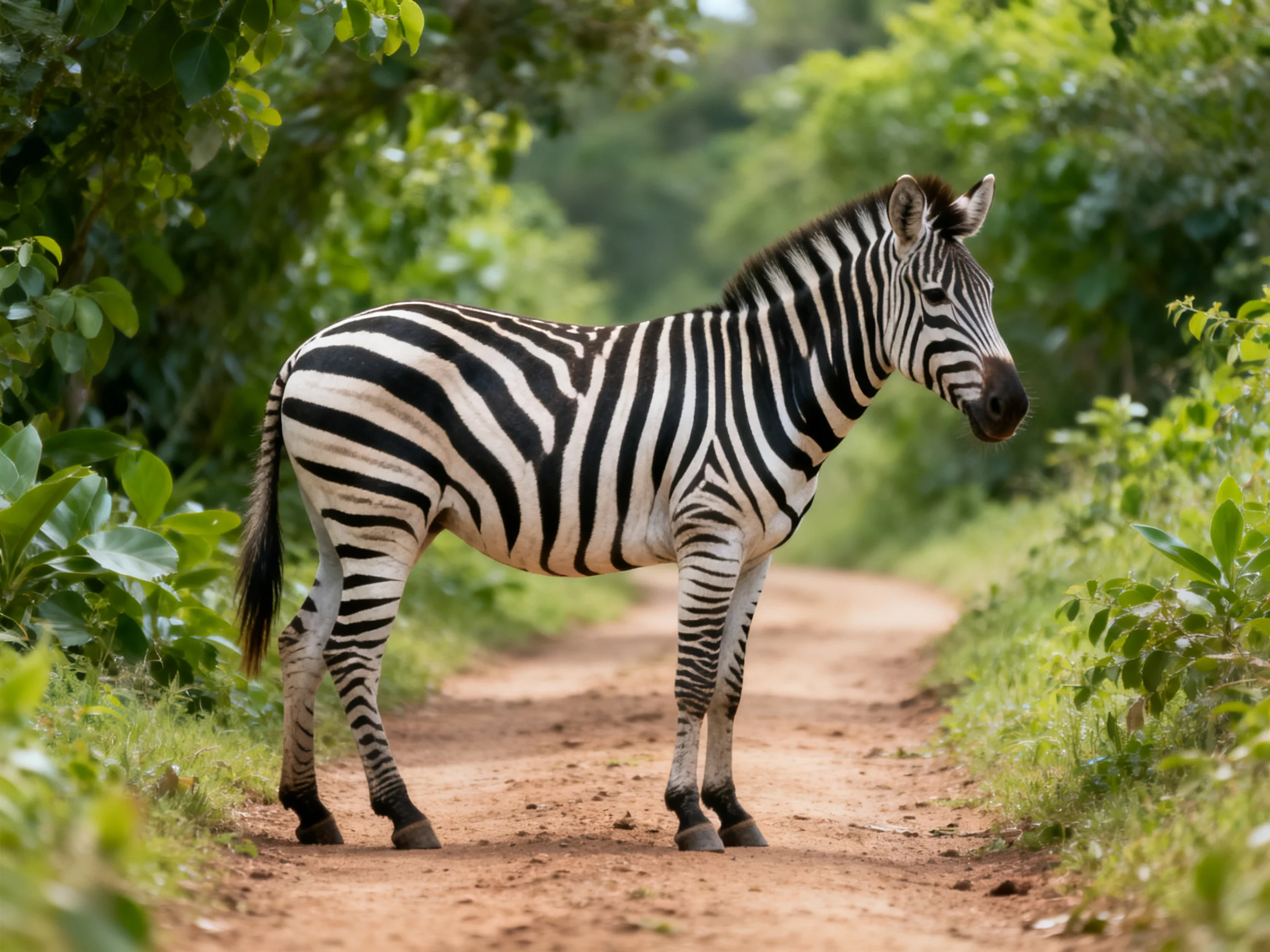 A black-and-white striped zebra stands on a dusty path amid lush green foliage