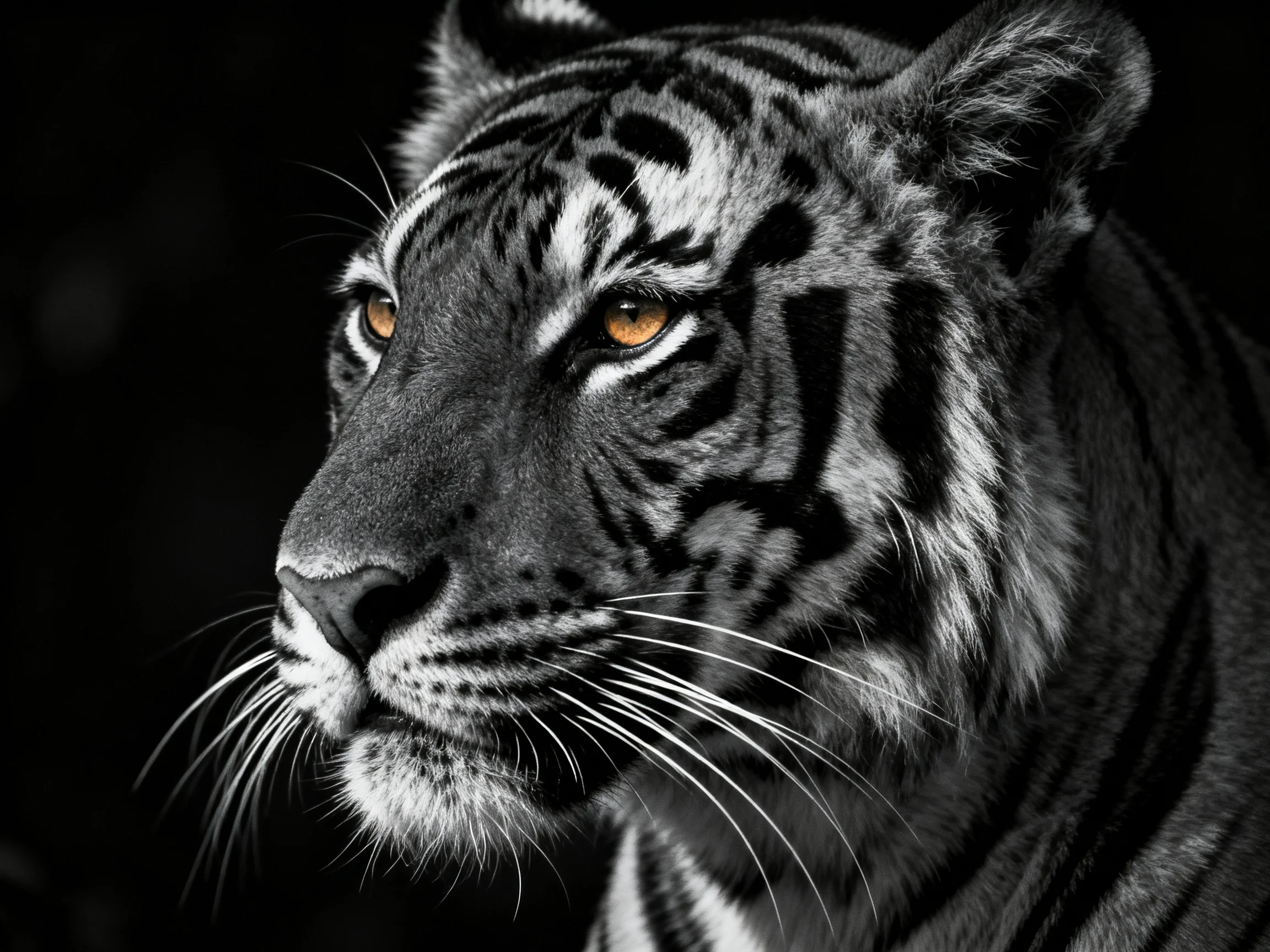 A close - up of a black-and-white tiger with amber eyes on a dark background.