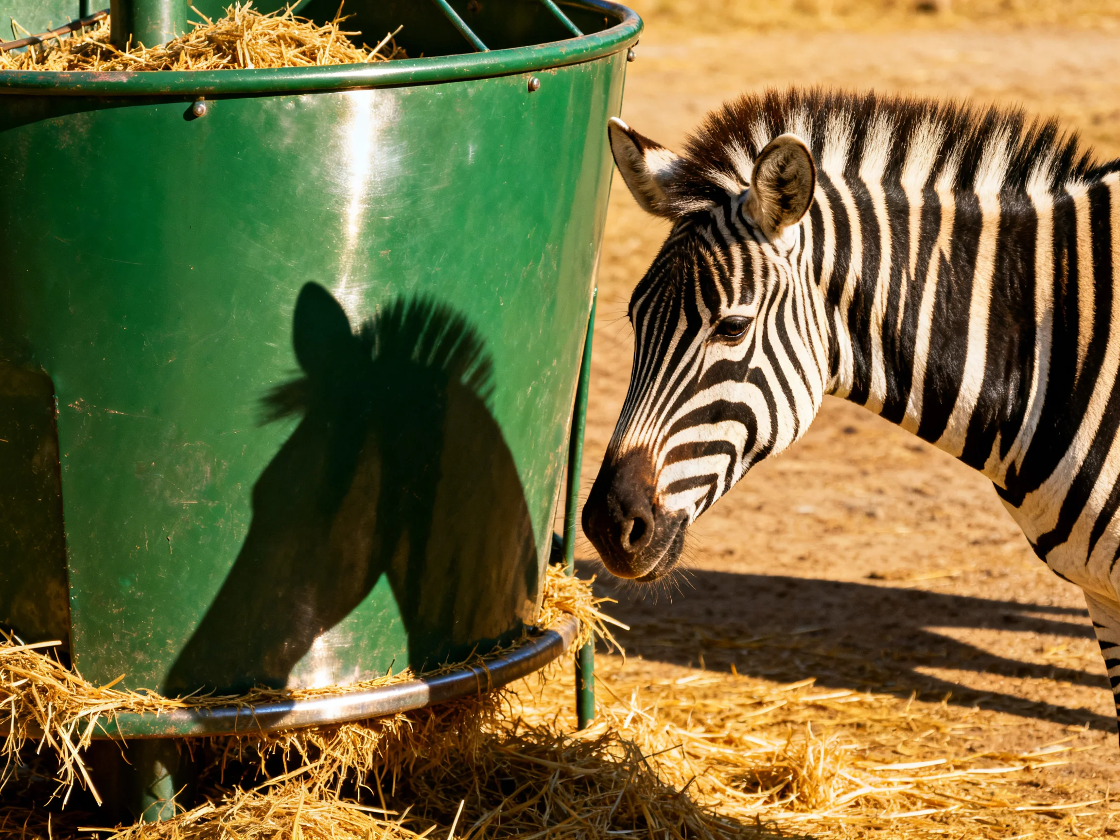 A zebra approaches a large green feeding tub with hay nearby.