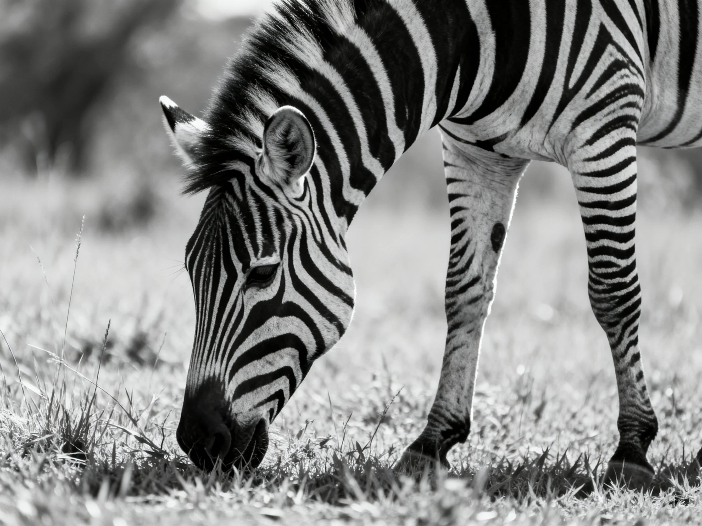 A black-and-white zebra grazing in a grassy field