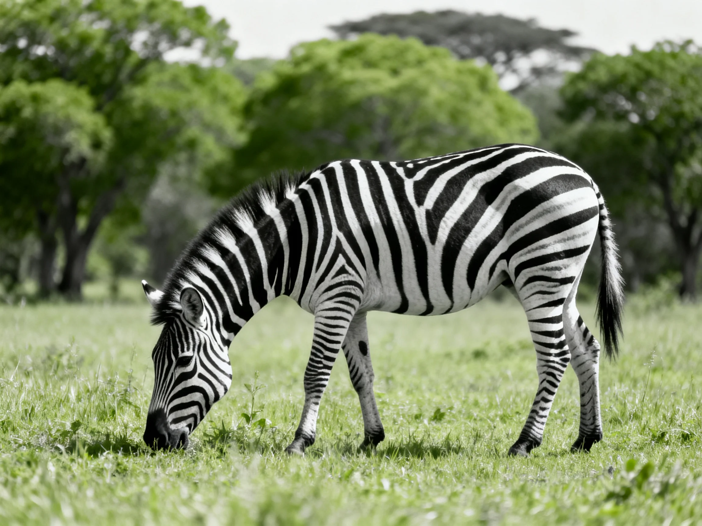 A black-and-white zebra grazing in a lush green savannah landscape