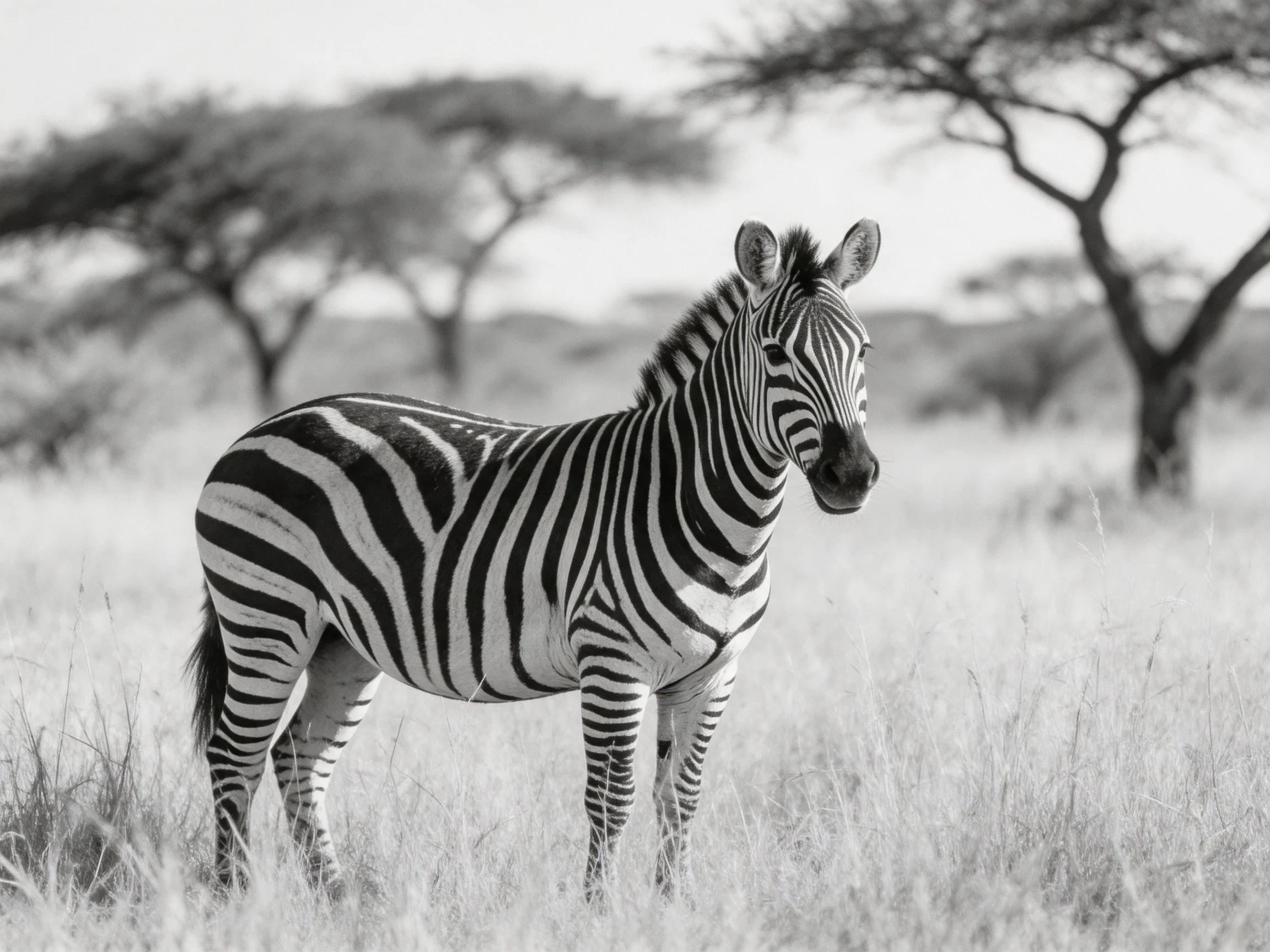 A black-and-white zebra stands in savannah grass near trees.
