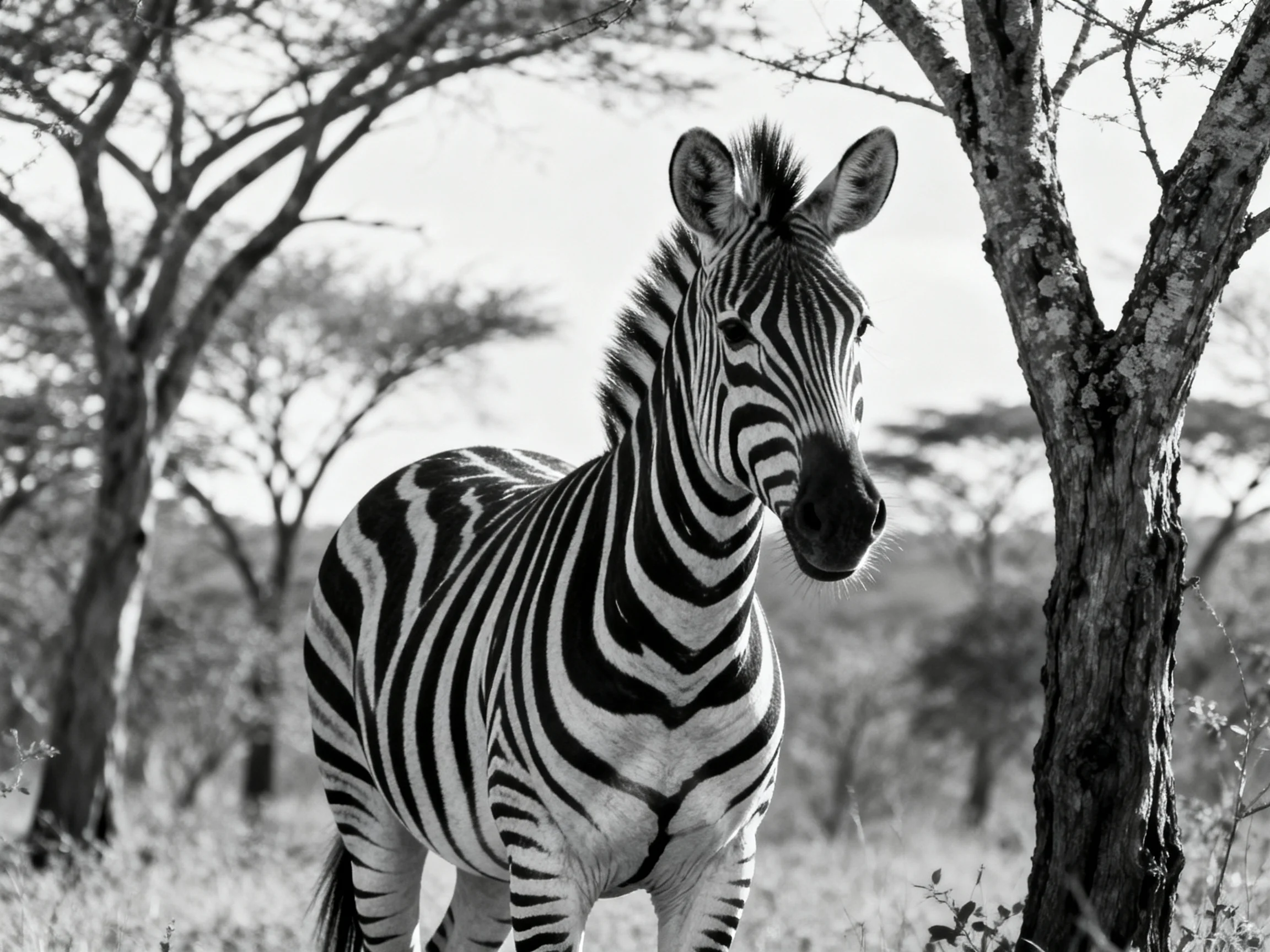 A black-and-white zebra near acacia trees in a savannah
