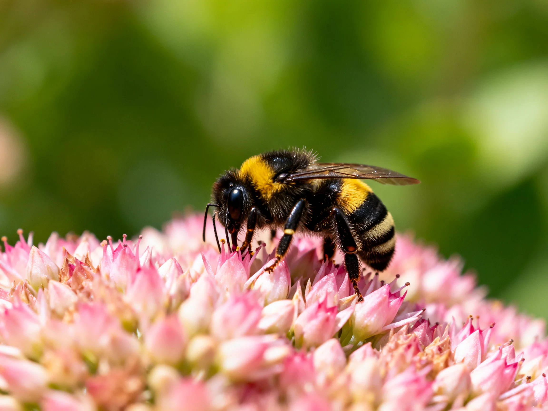 A black-and-yellow bumblebee gathers nectar from pink flowers in a sunny outdoor setting.
