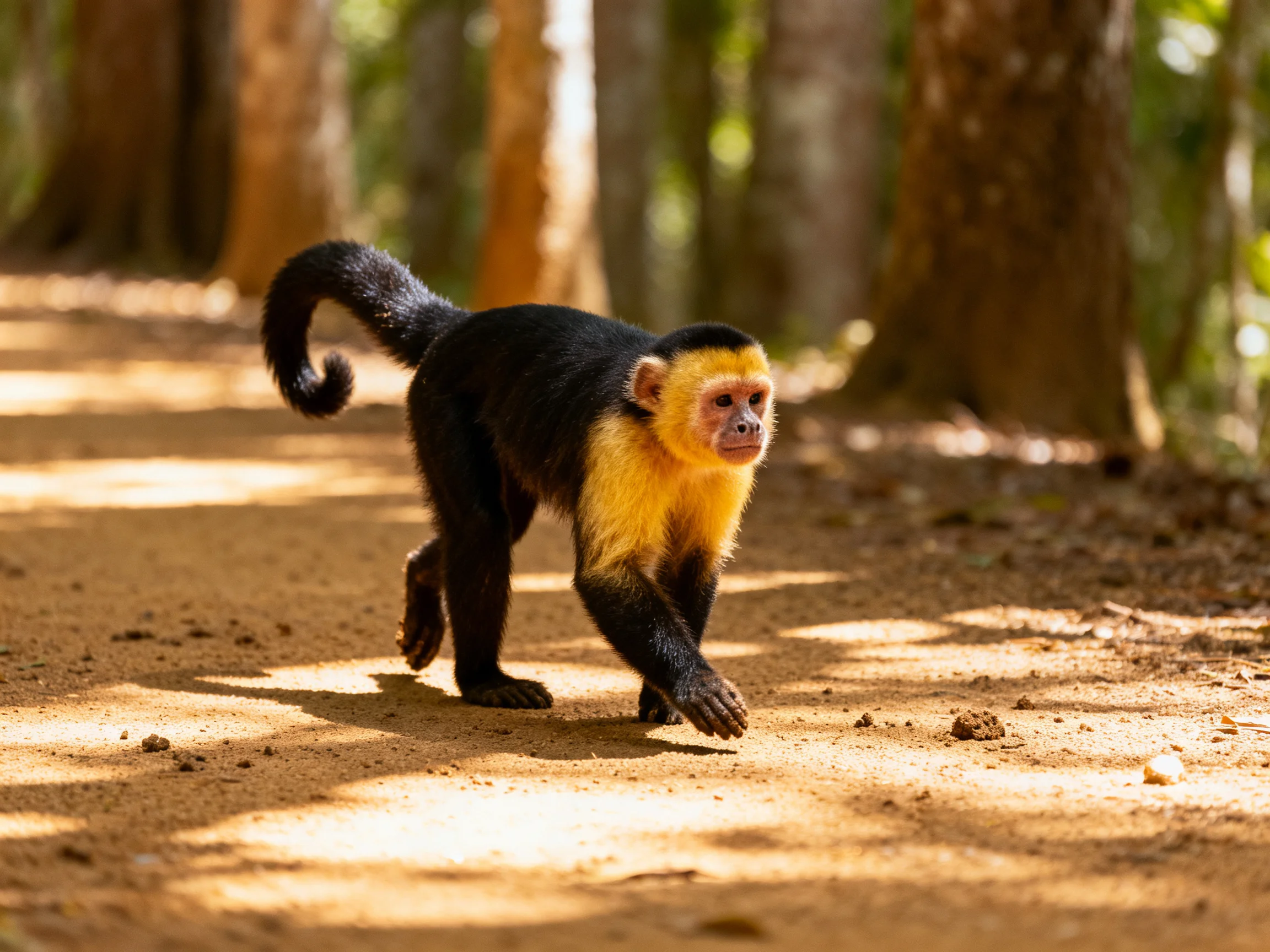 A black-and-yellow monkey walks on a sunlit forest trail