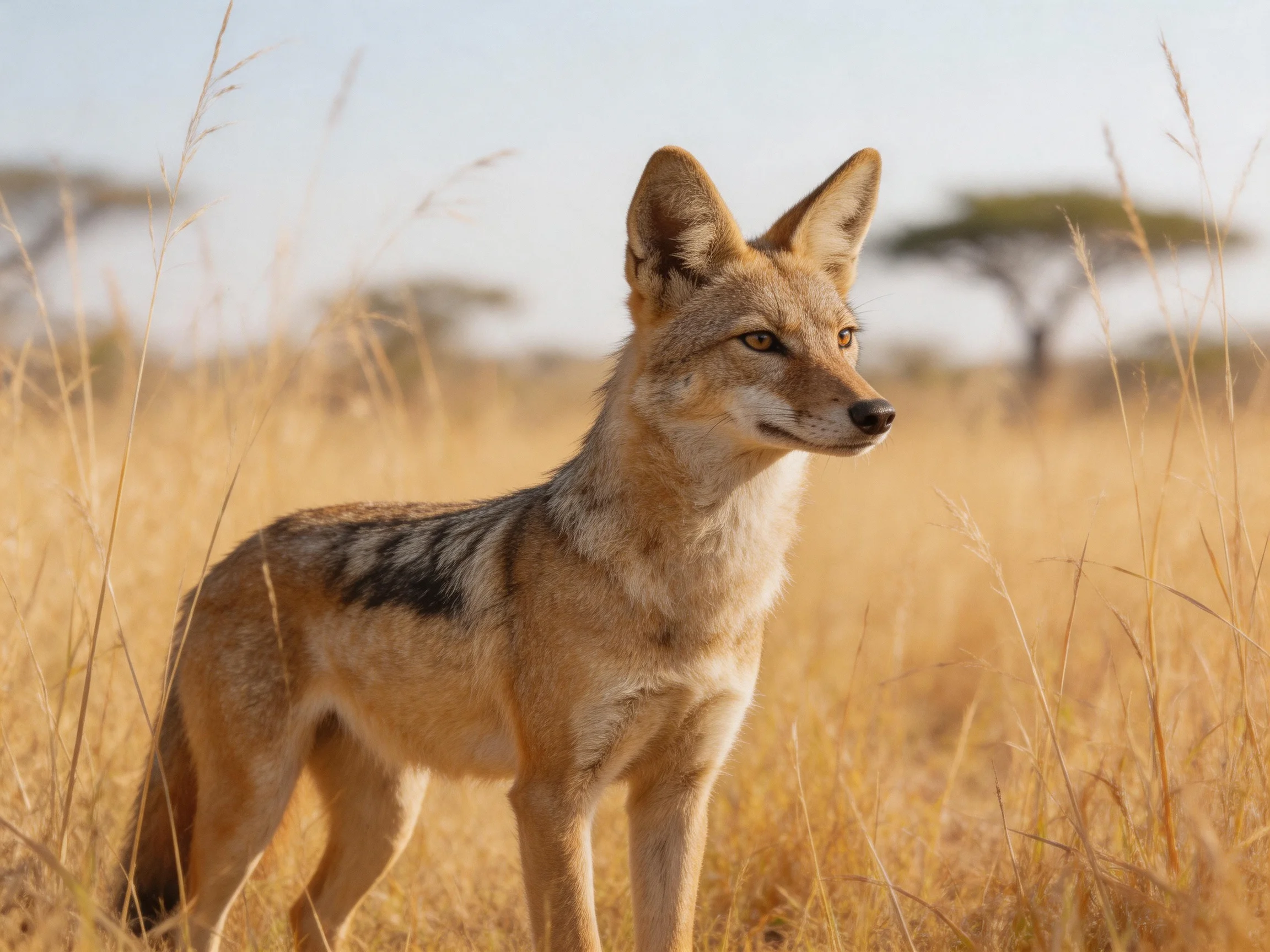 A black-backed canid in golden savannah grasslands