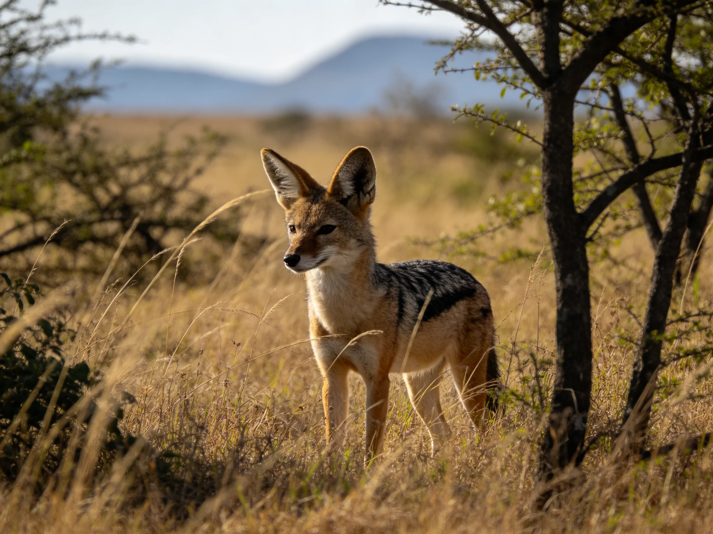 A black-backed jackal in golden savannah grass near acacia trees