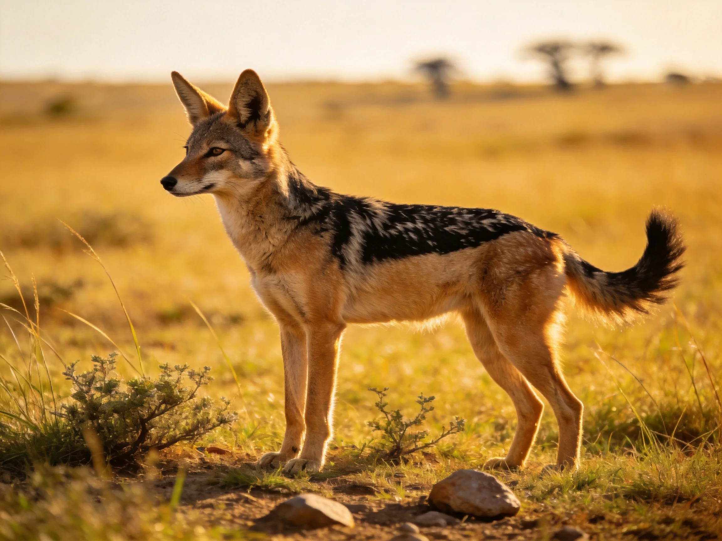A black-backed jackal in golden savannah terrain
