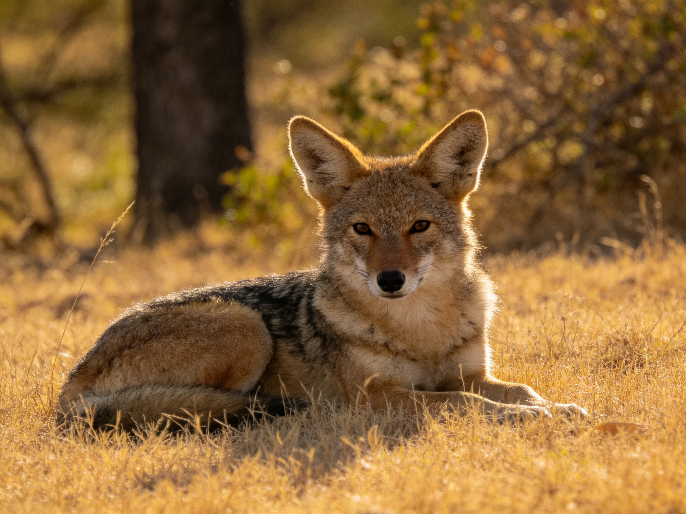 A black-backed jackal relaxes in golden savannah grass near trees