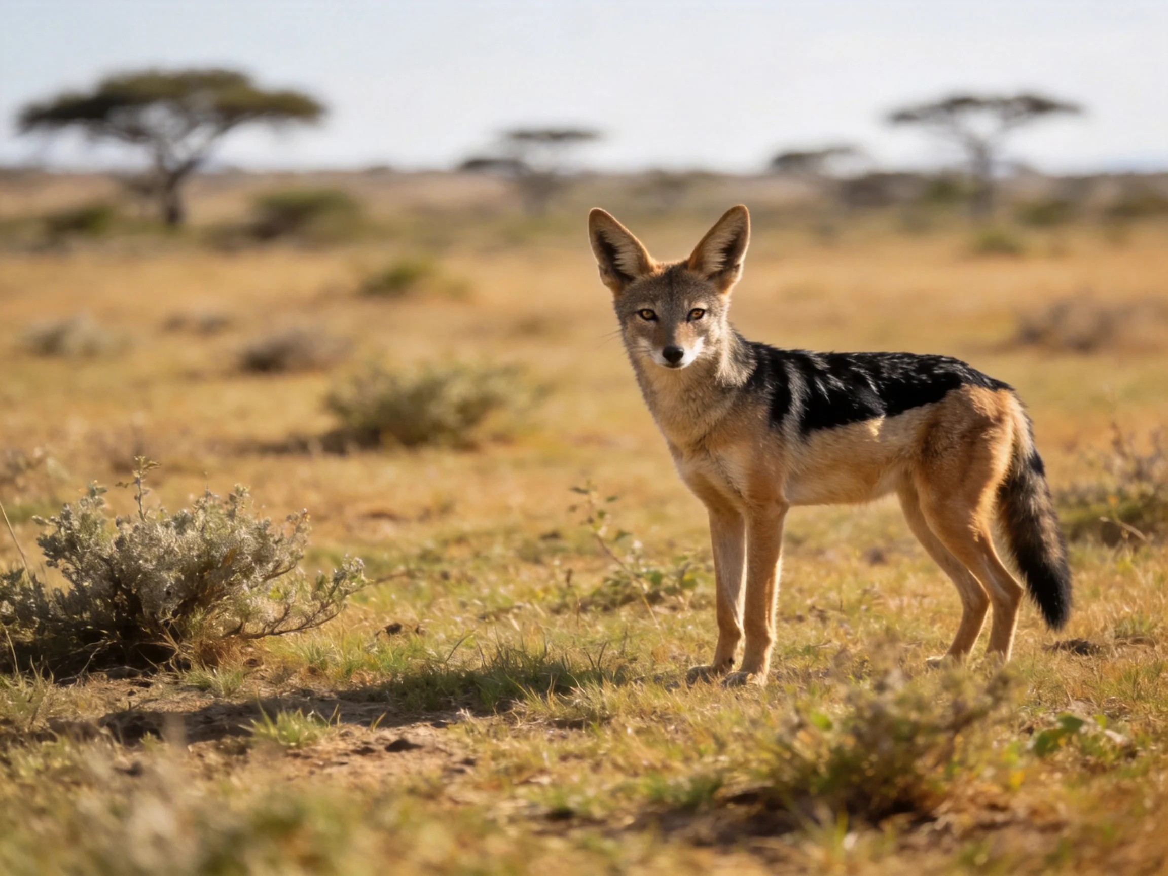 A black-backed jackal stands alert in golden savannah grasslands