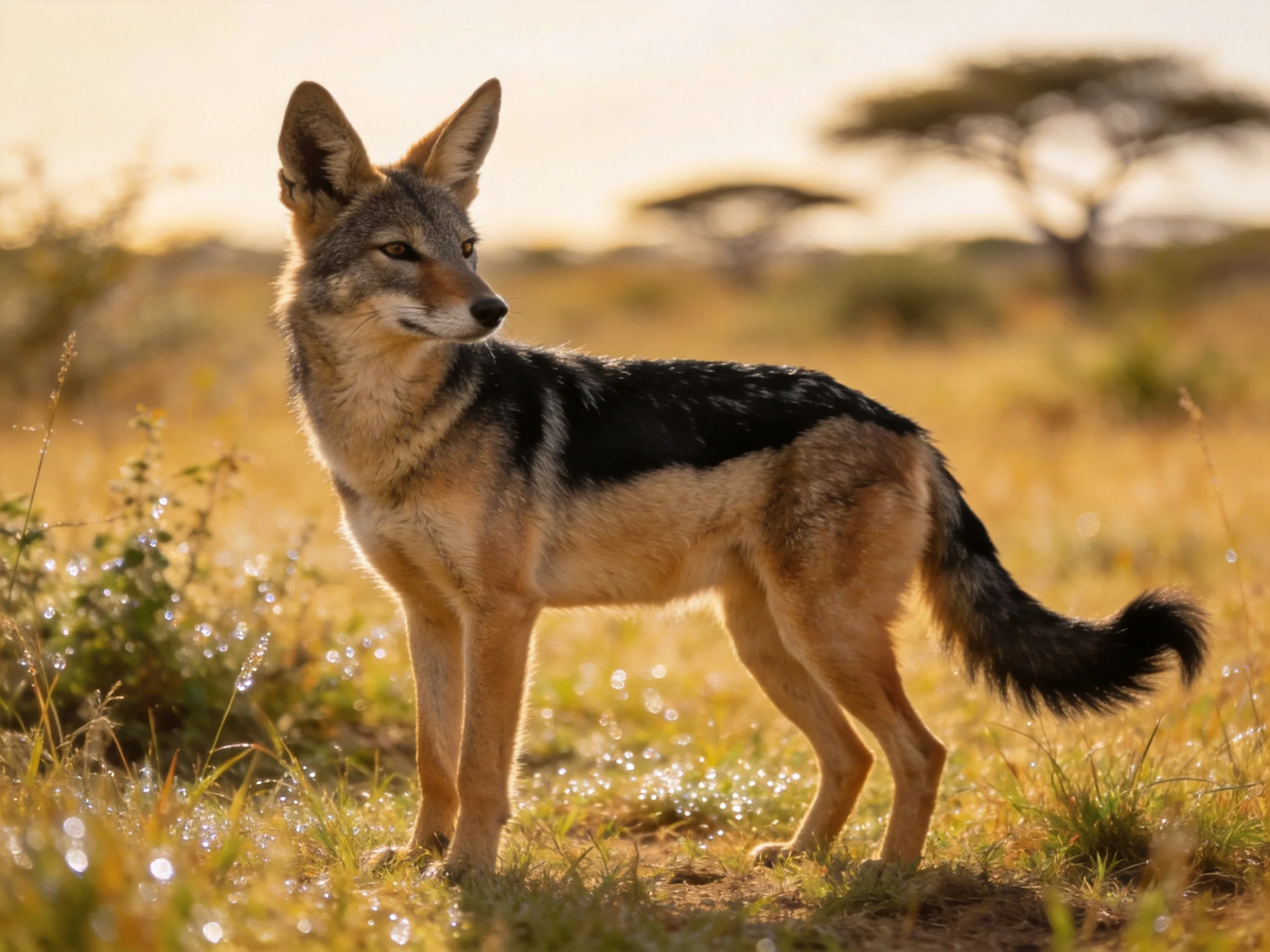 A black-backed jackal stands alert in golden savannah grasslands