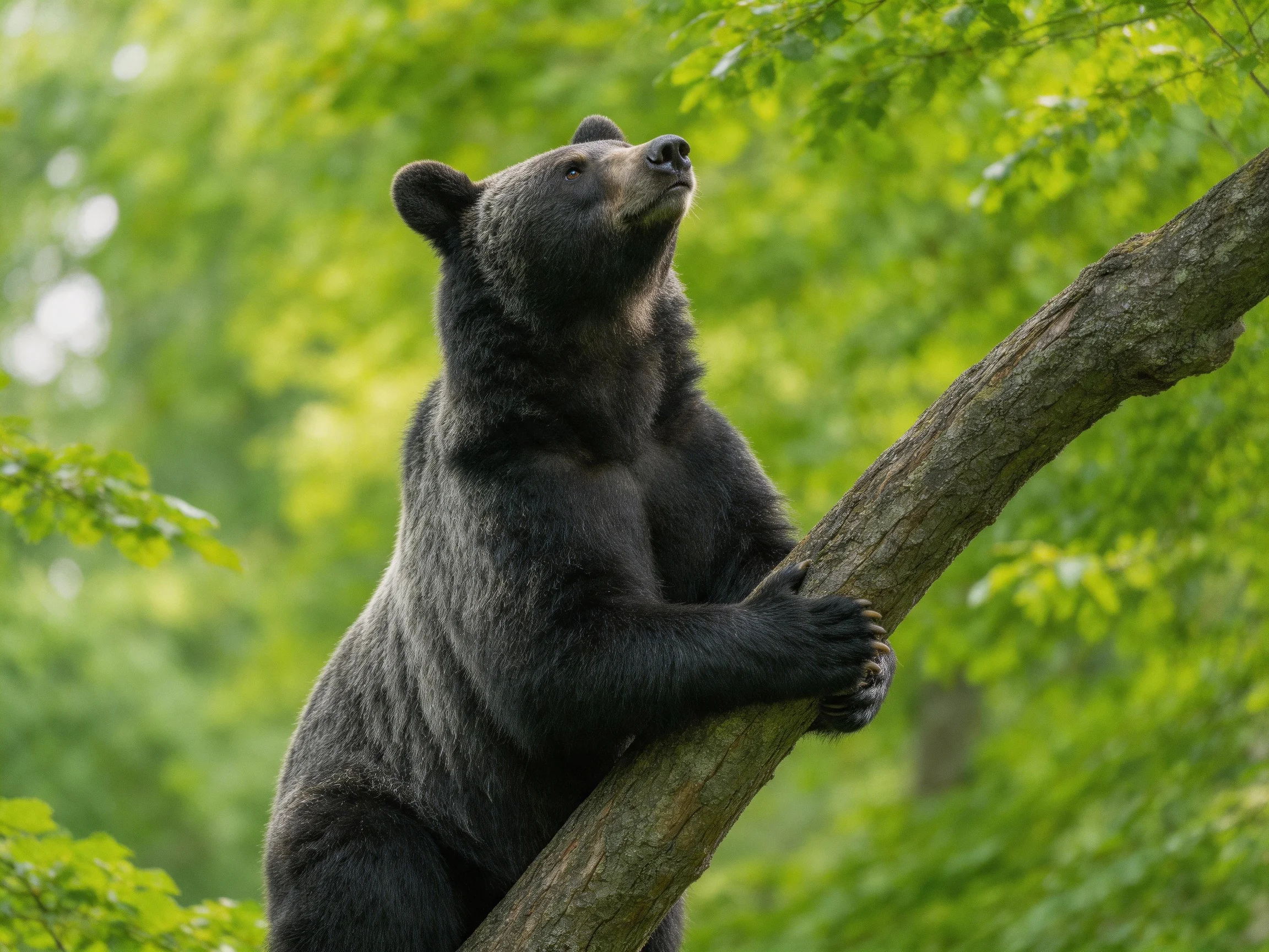 A black bear climbs a thick tree trunk amid lush greenery
