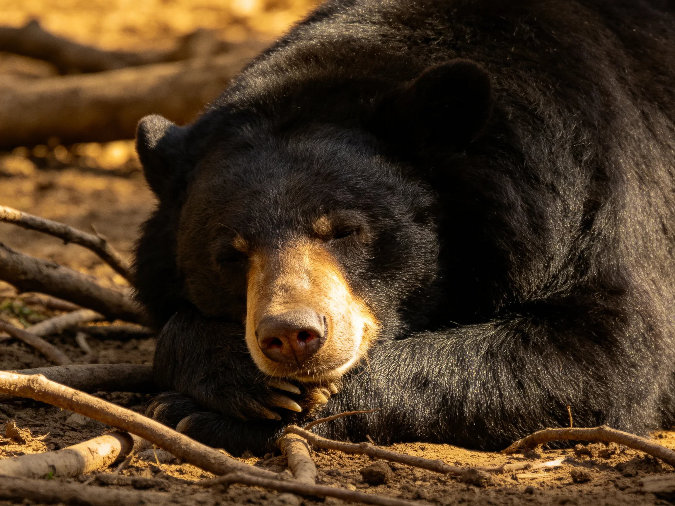 A black bear rests amid scattered tree branches in warm sunlight