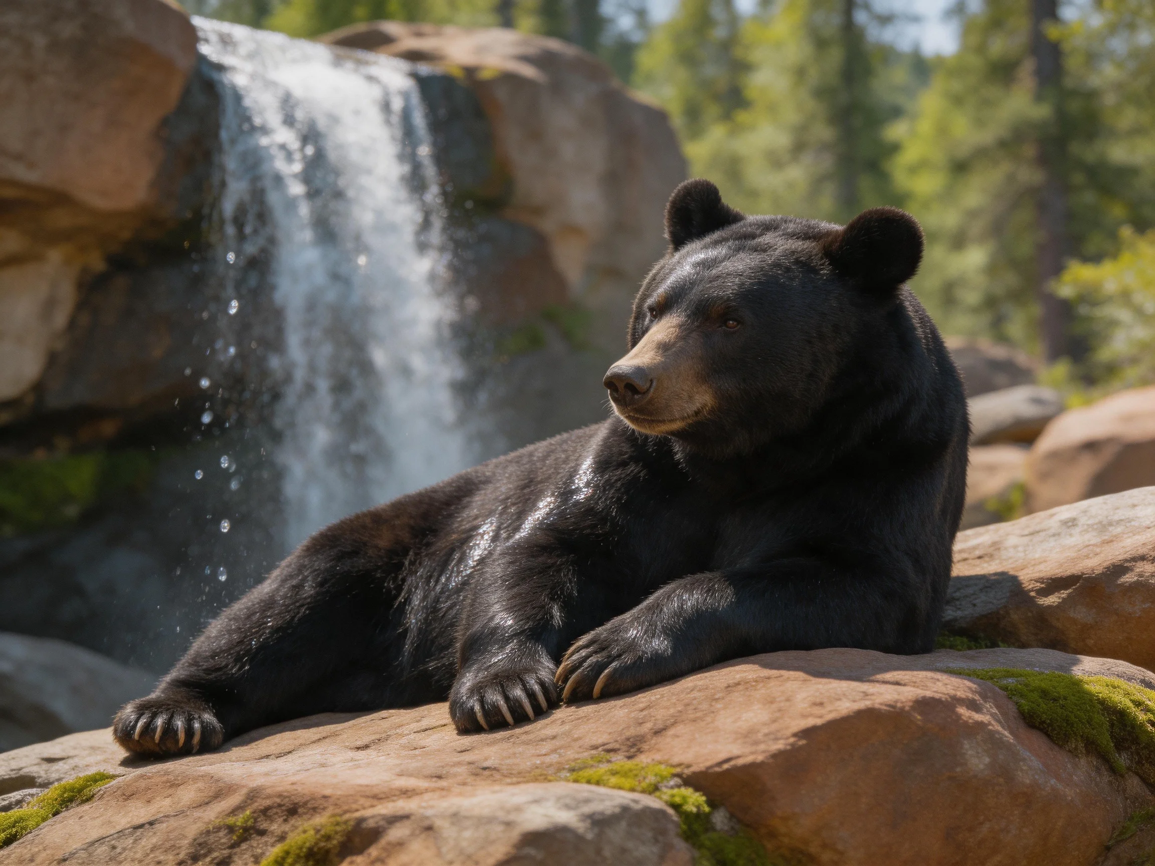 A black bear rests near a cascading waterfall among rocky terrain