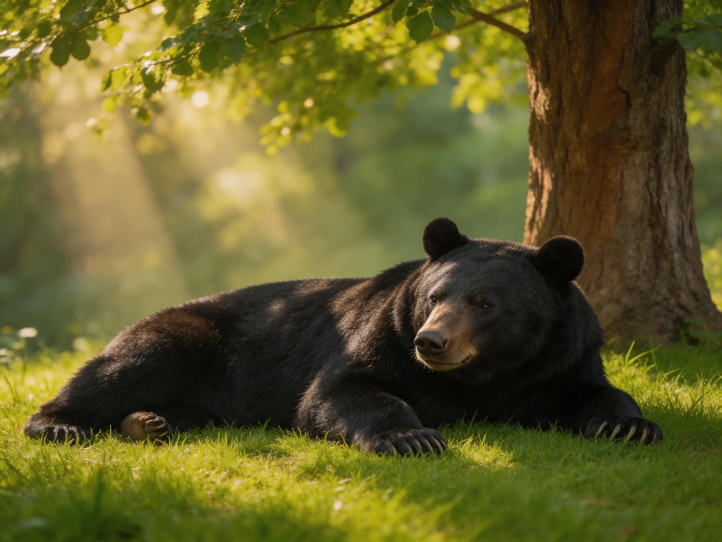 A black bear relaxes on green grass near a large tree in a sunlit area.