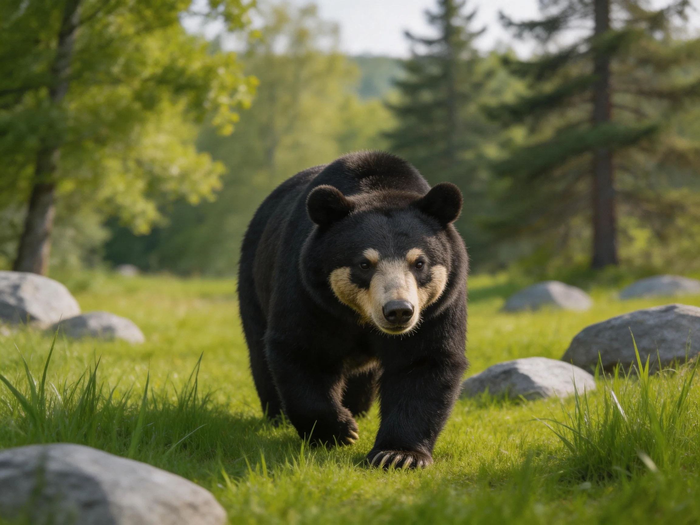 A black bear roams a grassy field with scattered rocks