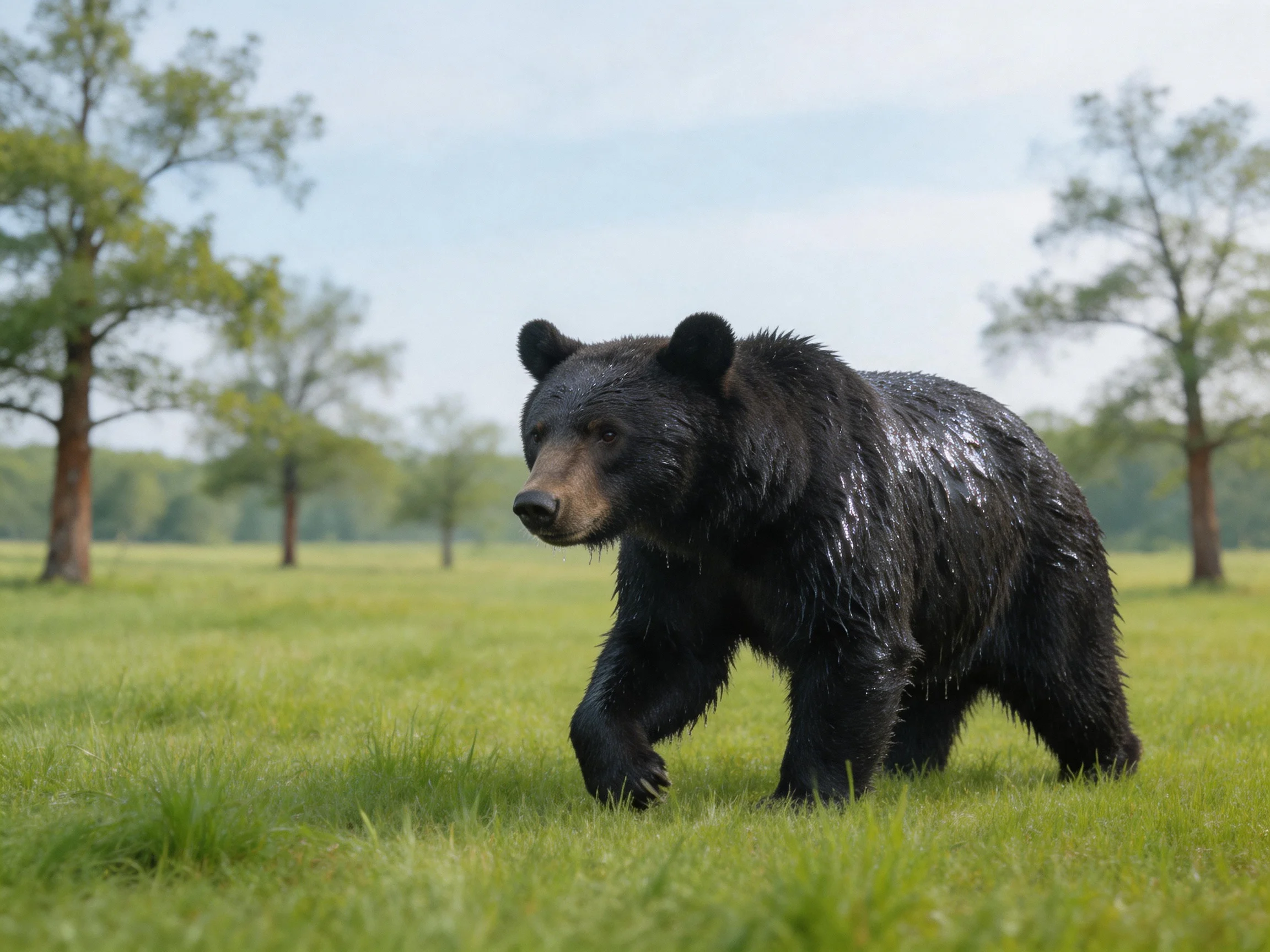 A black bear roams a lush green meadow near scattered trees