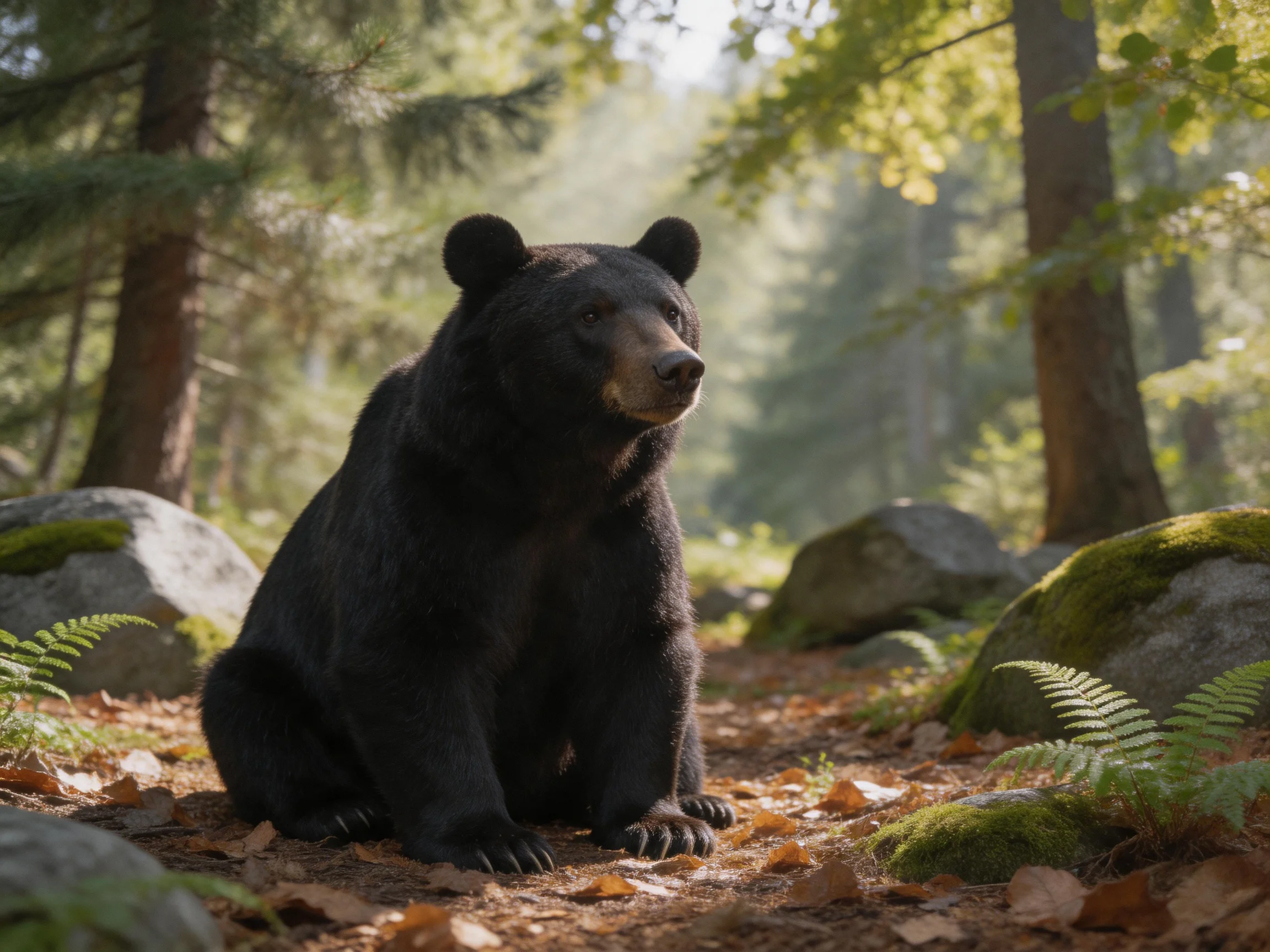 A black bear rests near mossy rocks and ferns in a sunlit forest.