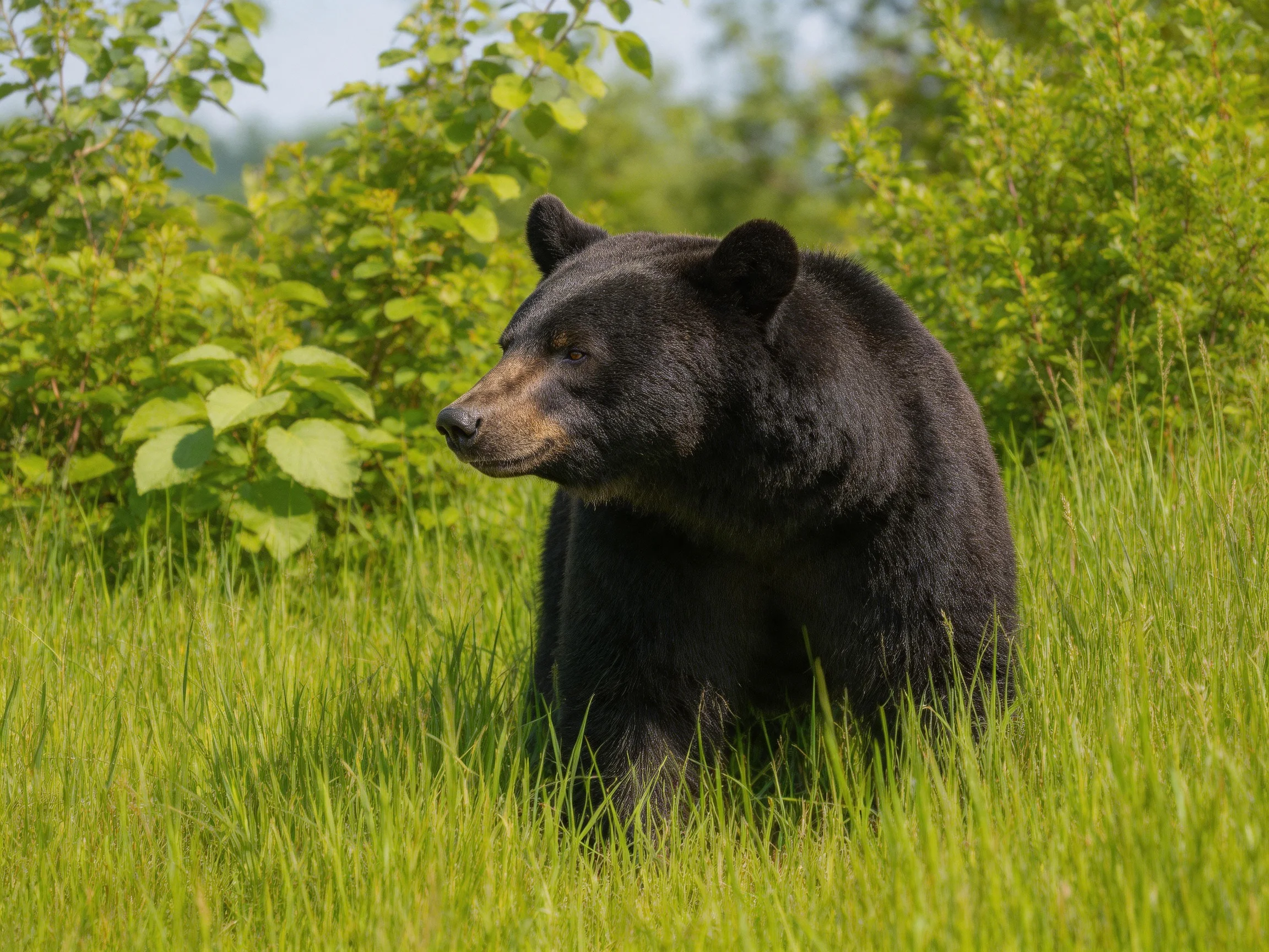 A black bear is positioned among tall green grass and surrounding vegetation.