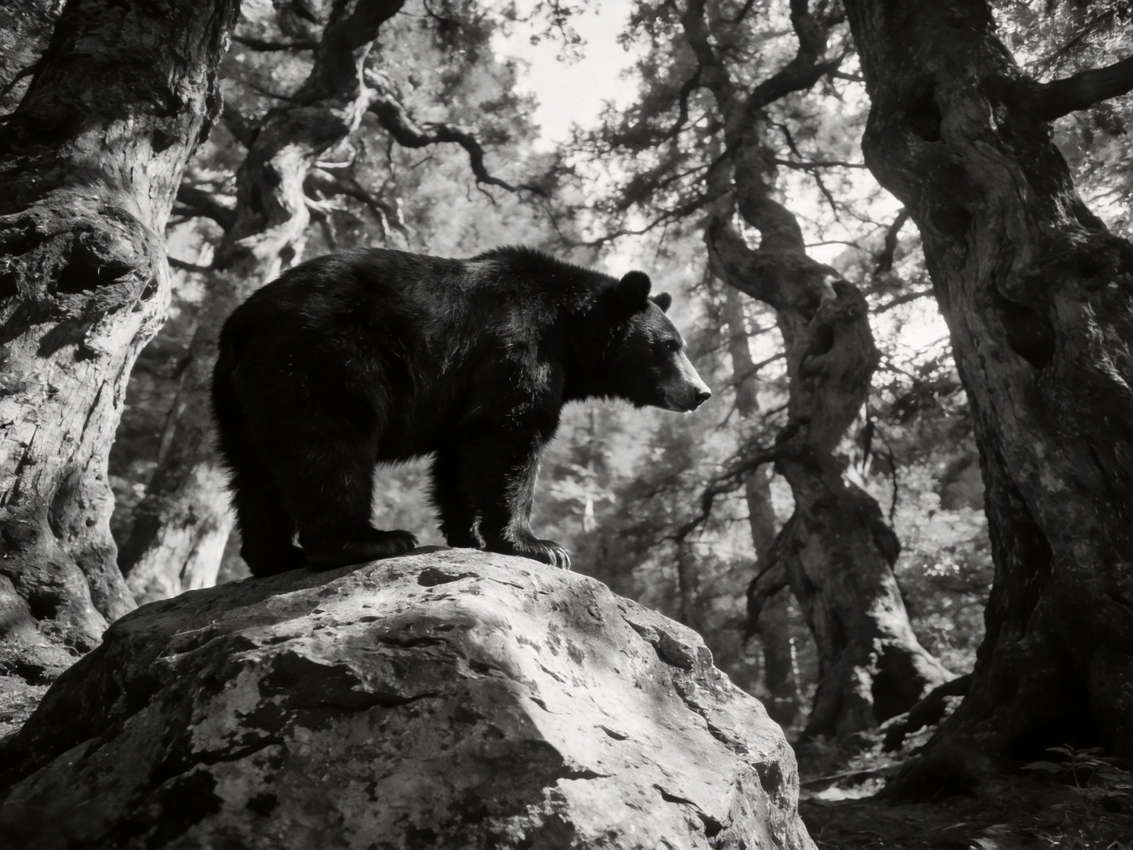 A black bear stands atop a large rock in a twisted forest