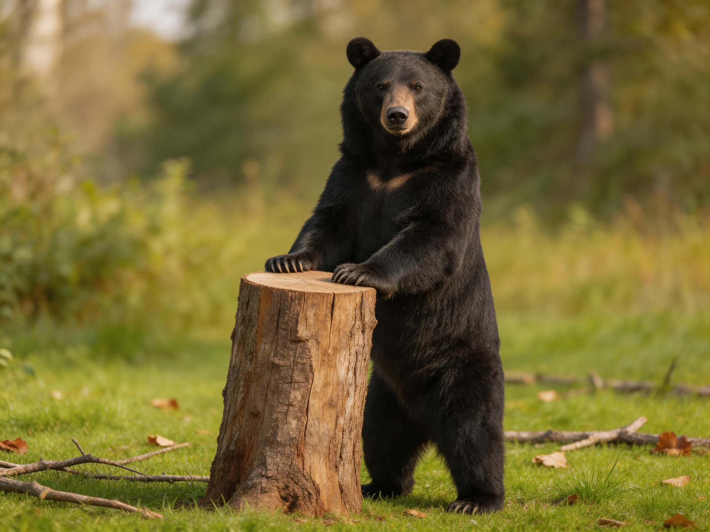 A black bear leans against a wooden stump in a grassy outdoor setting.