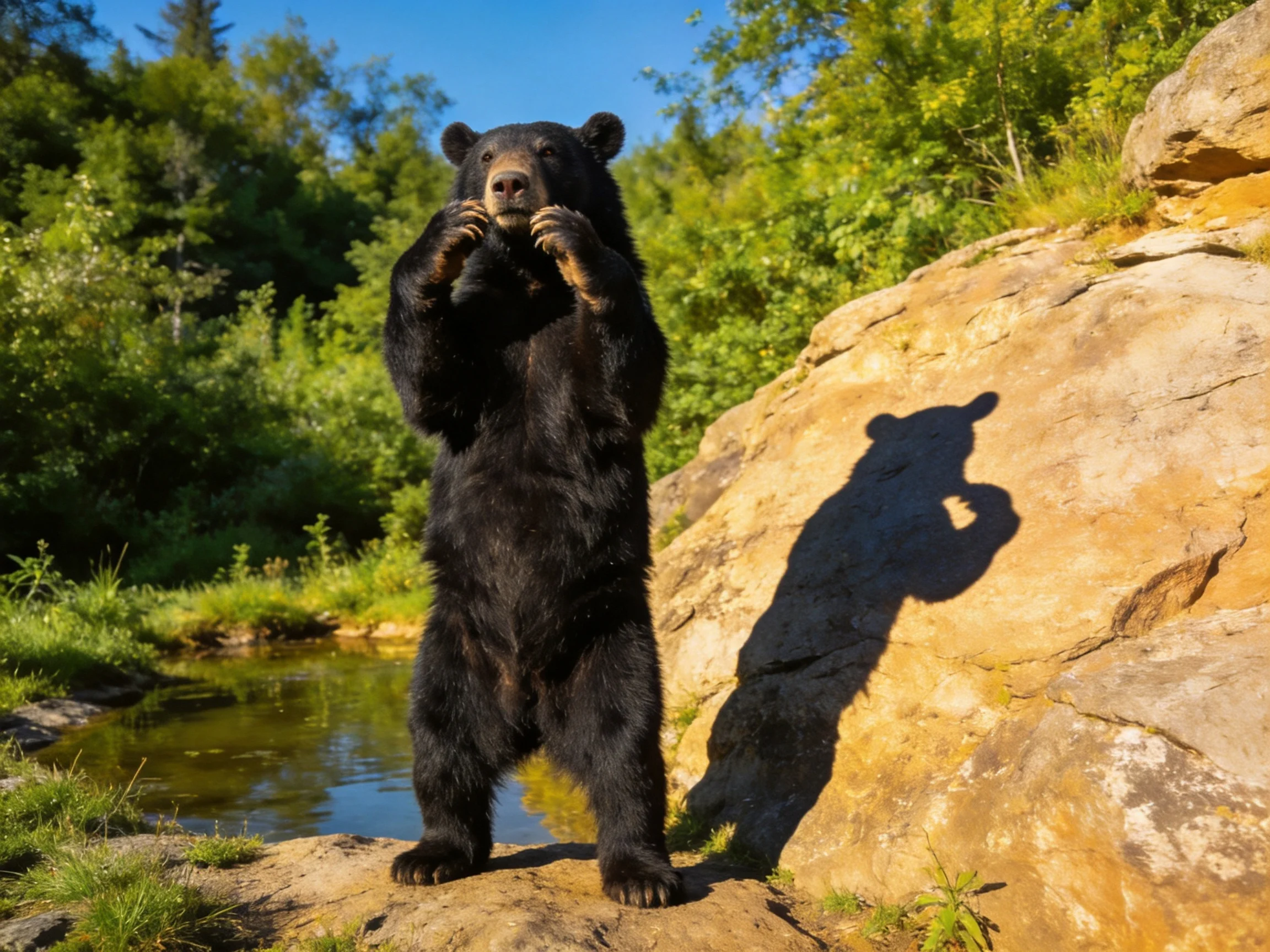 A black bear stands upright by a rocky slope with lush greenery