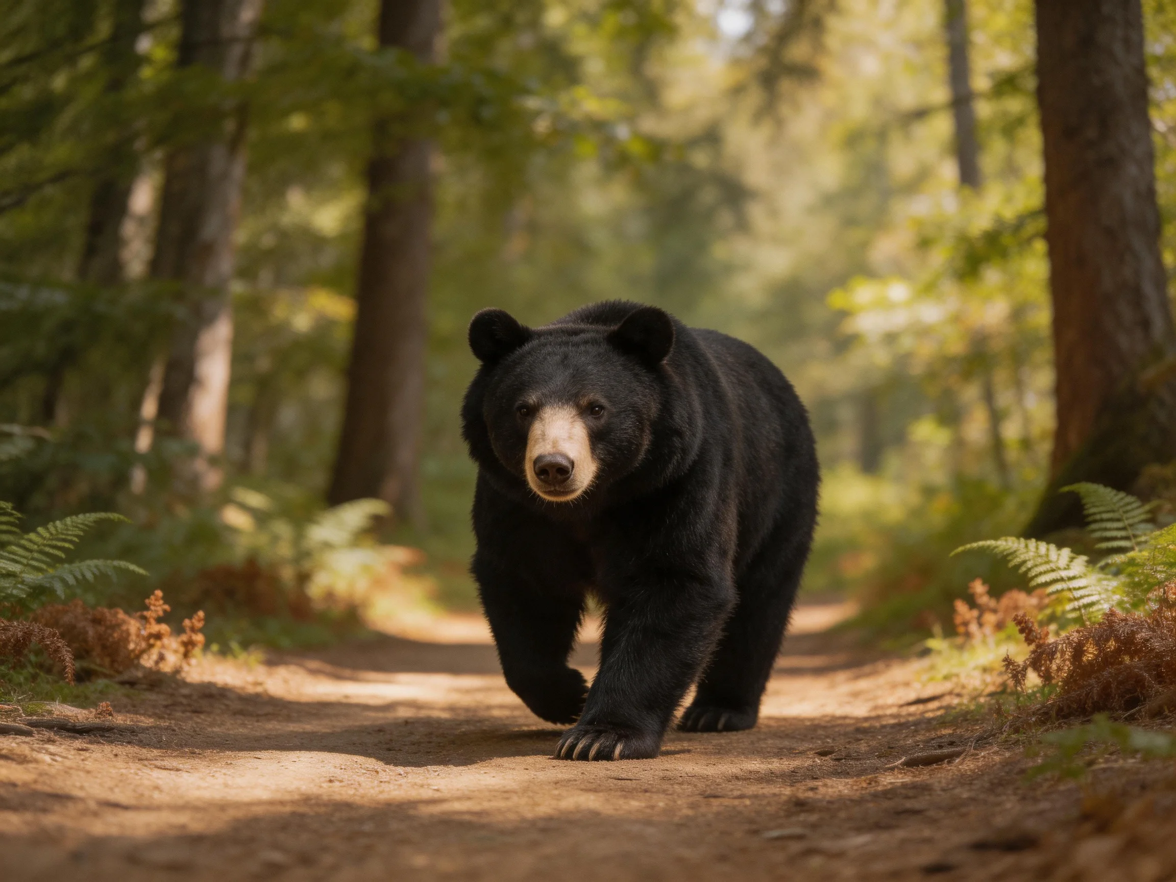 A black bear walks along a sunlit forest path with tall trees