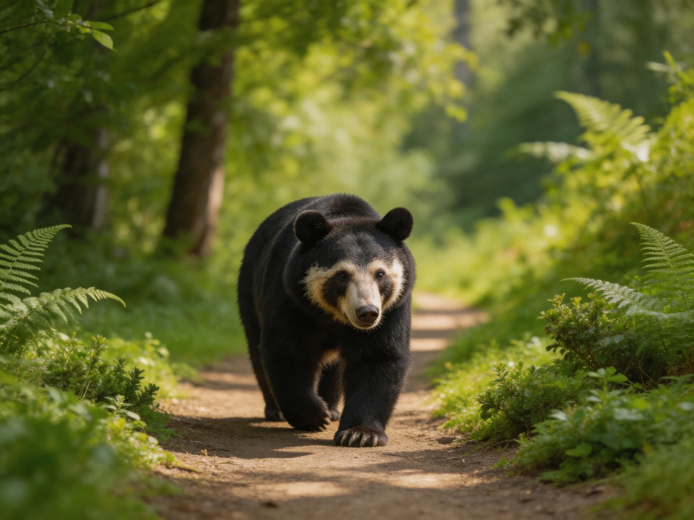 A black bear walks along a sunlit forest trail with lush greenery