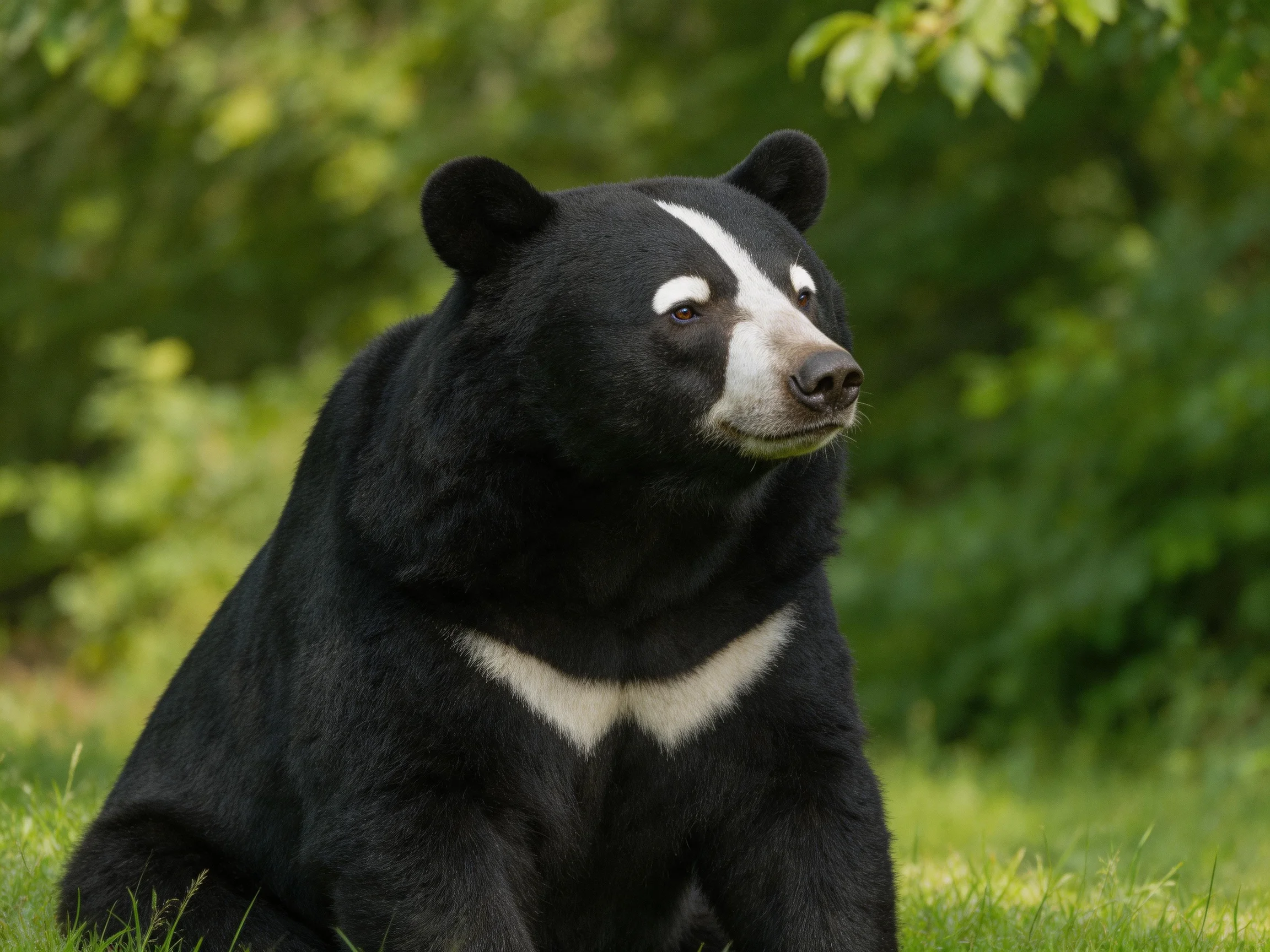 A black bear with bold white facial markings in a lush green environment