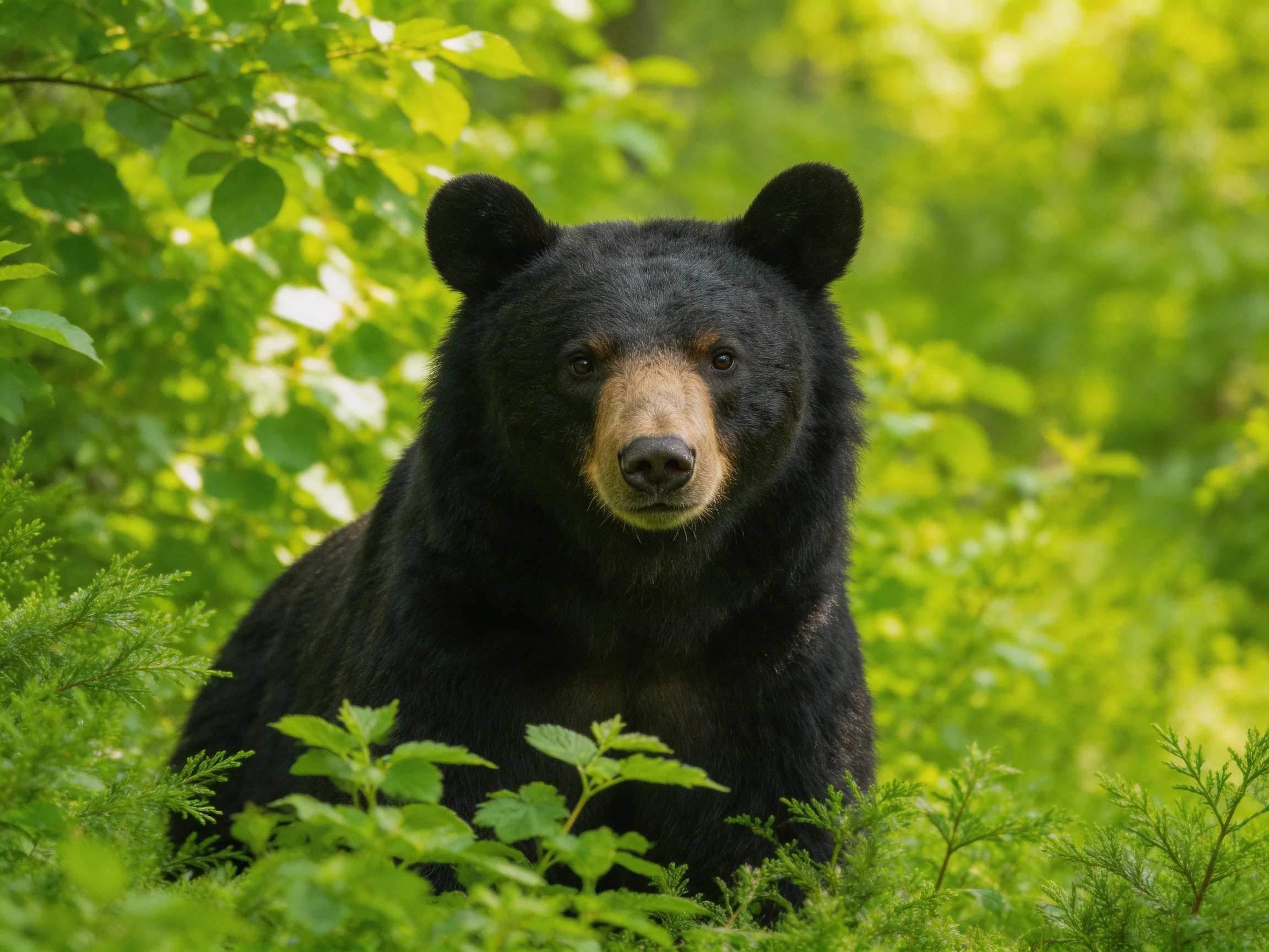 A black bear with brown snout in lush green forest surroundings