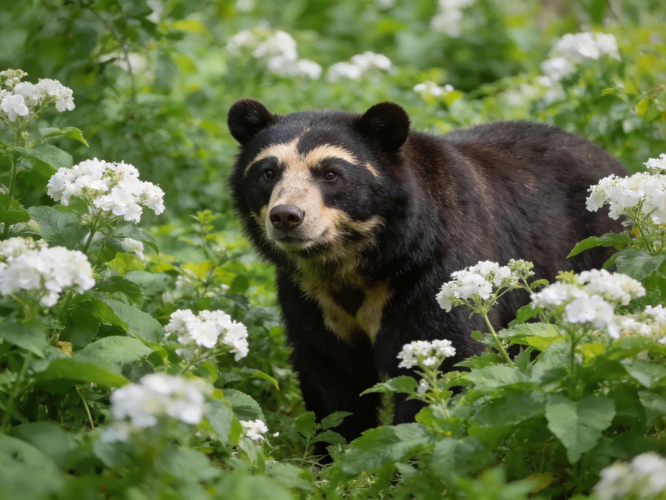 A black bear with tan markings amid dense white blooms