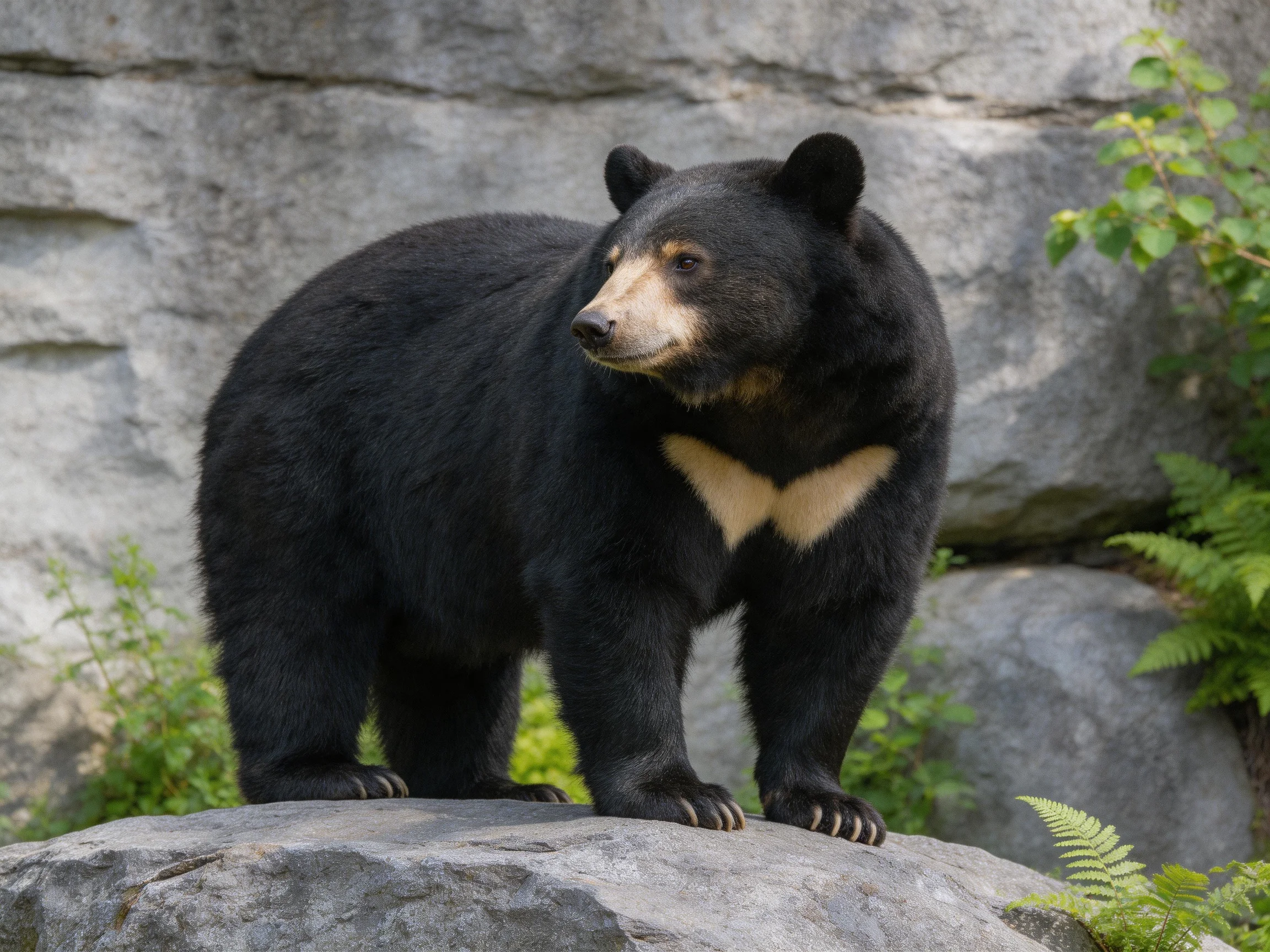 A black bear with tan markings stands on a rock amid gray stone formations