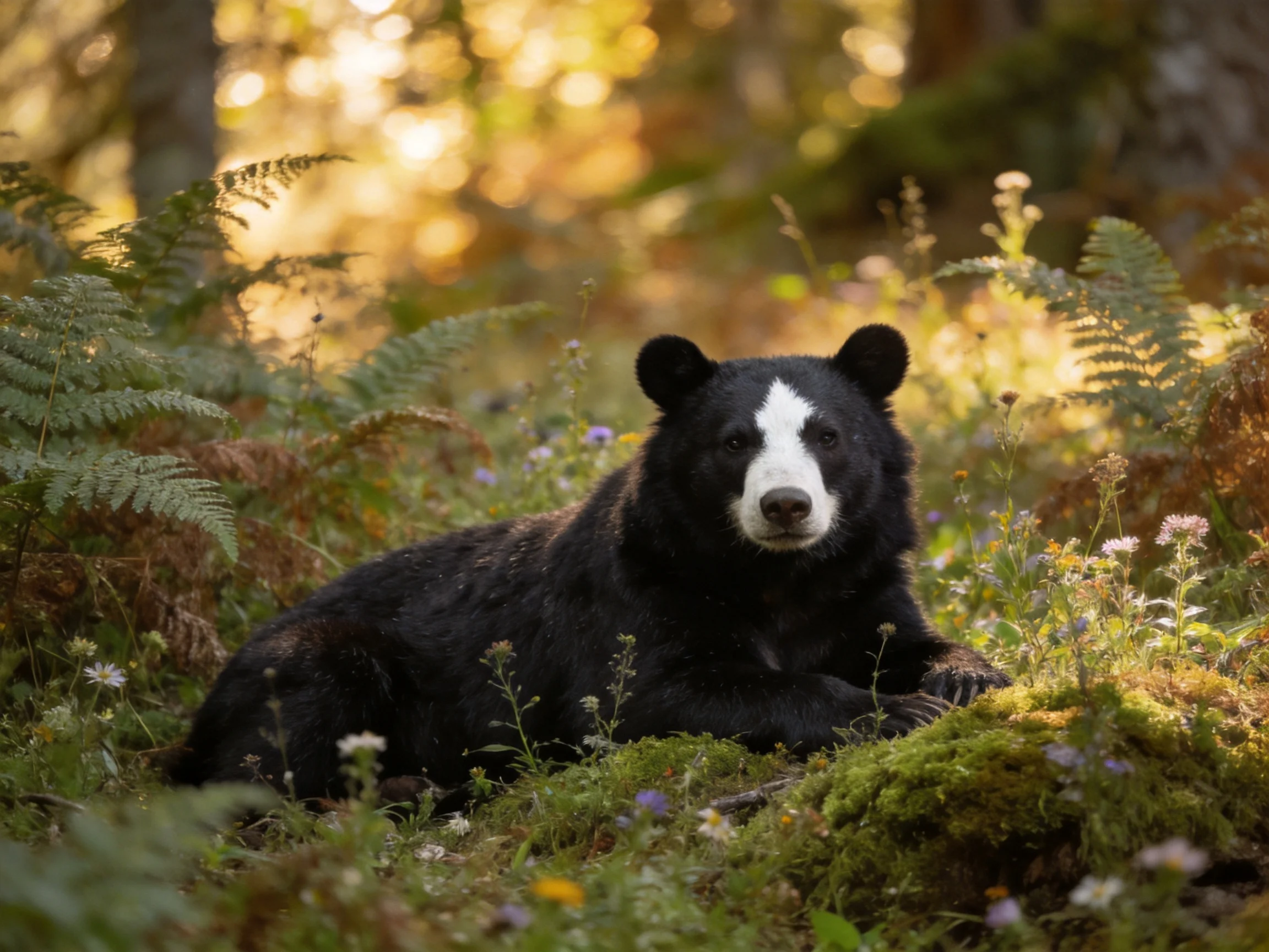 A black bear with white facial marking rests amid ferns and wildflowers in a sunlit forest