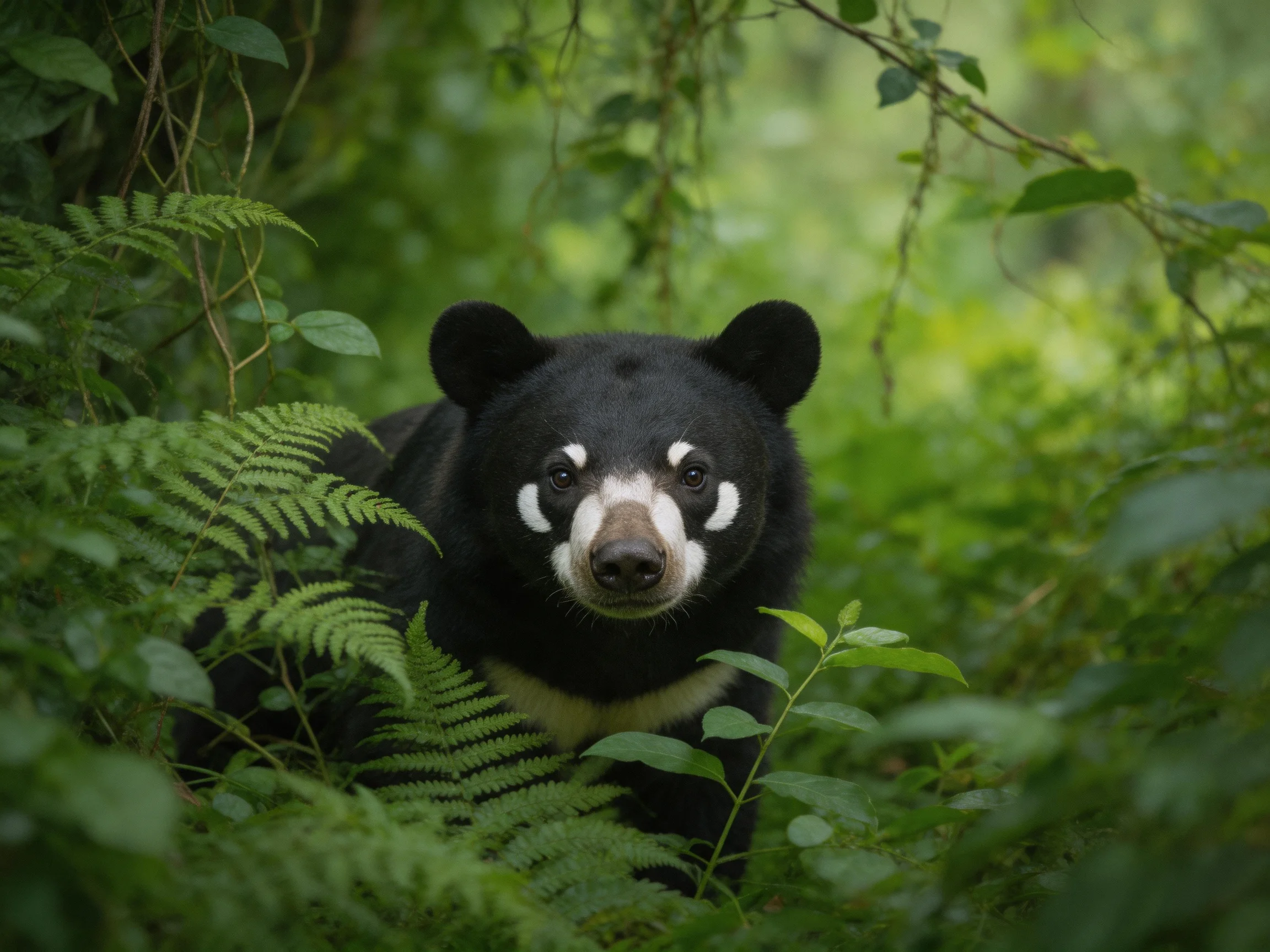 A black bear with white facial markings in lush green forest