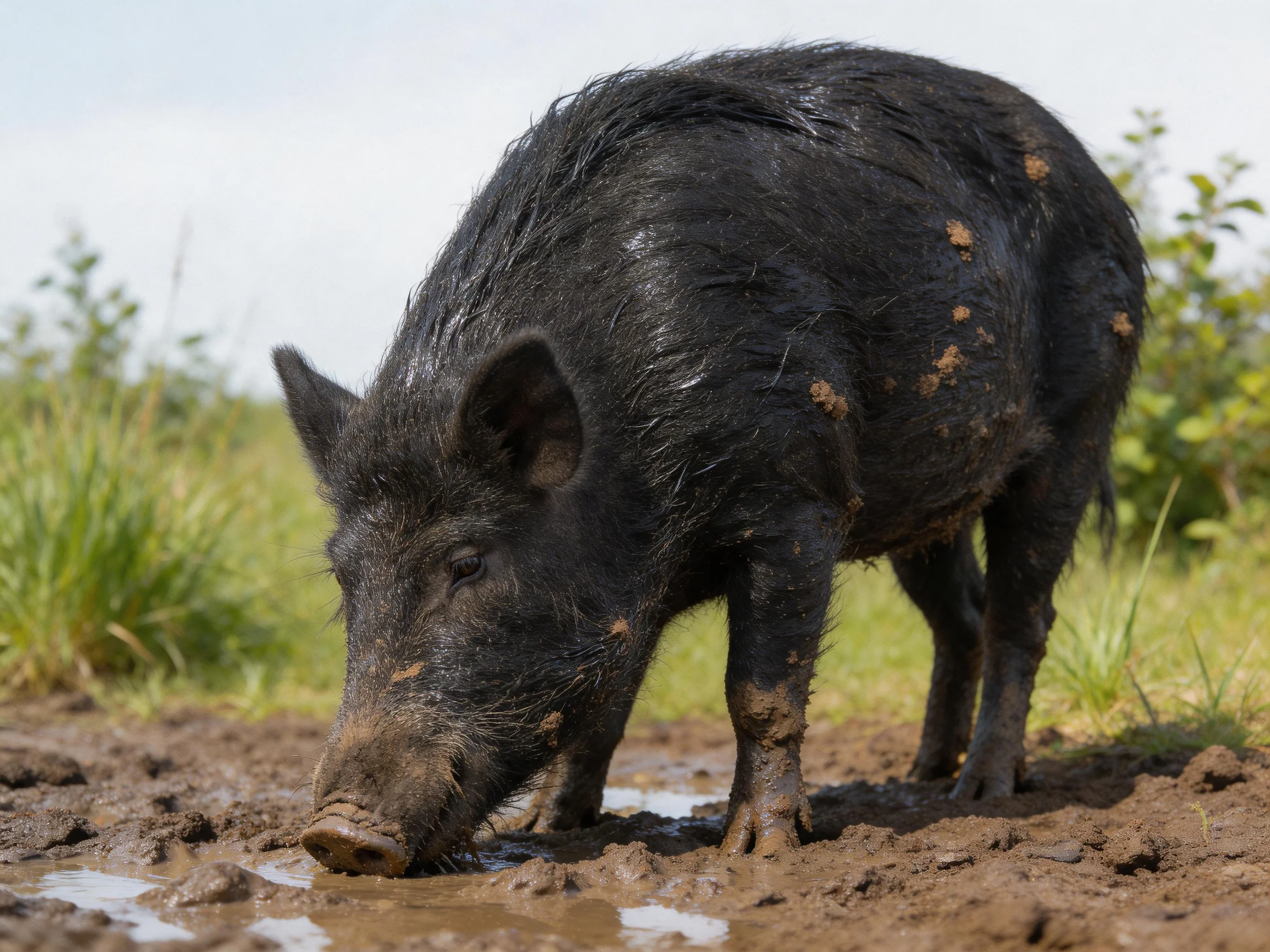 A black boar drinks from muddy water amid grassy surroundings.
