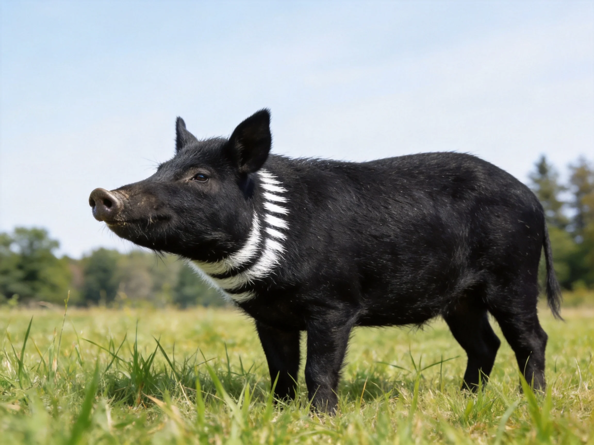 A black boar with bold white neck stripes stands in a sunny field