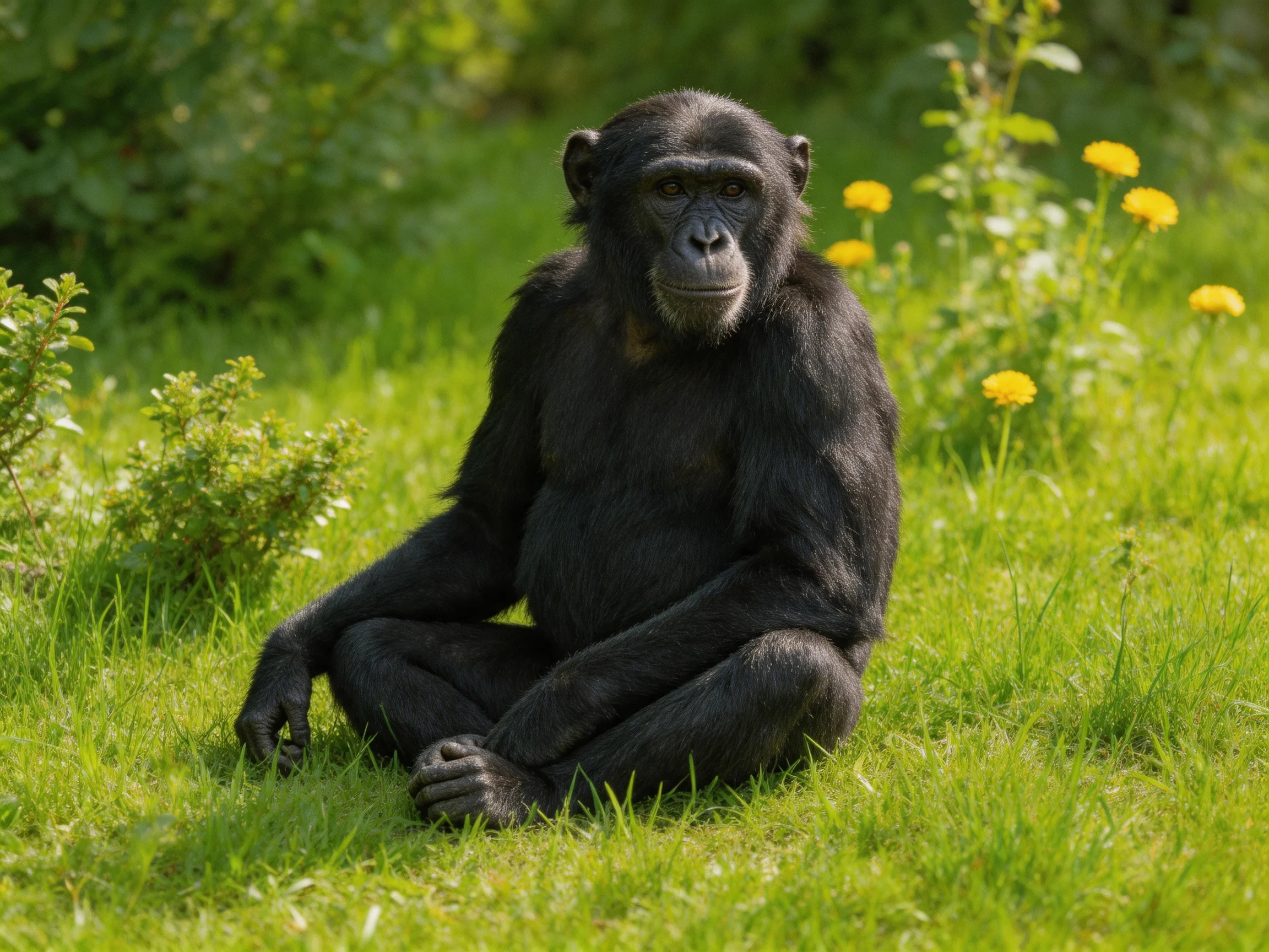 A black chimpanzee sits amid lush green grass and bright yellow flowers