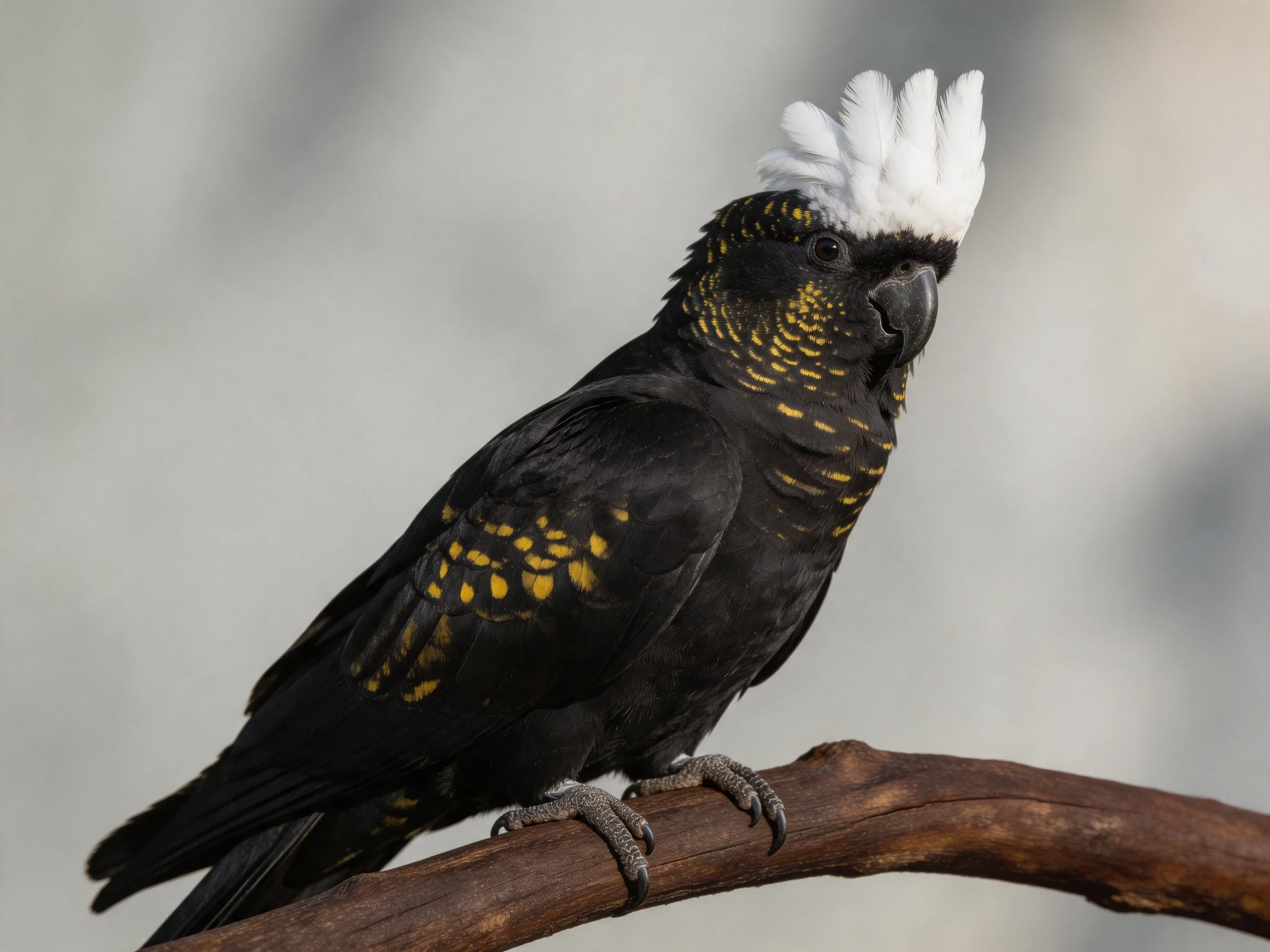 A black cockatoo with yellow markings perched on a branch
