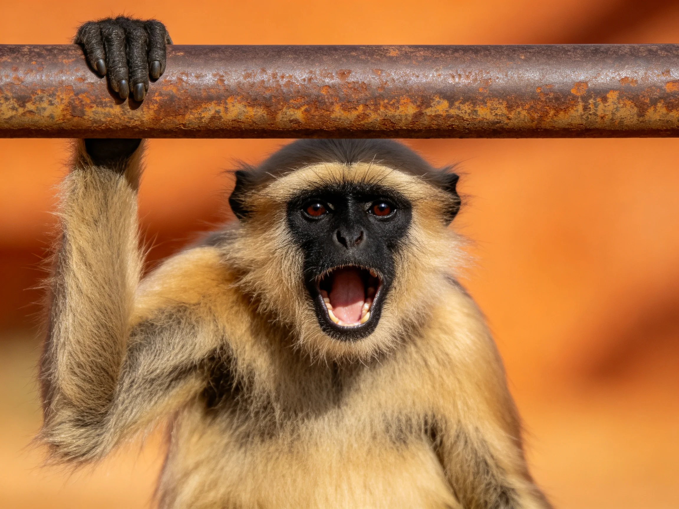 A black-faced langur clings to a rusted metal bar with mouth agape