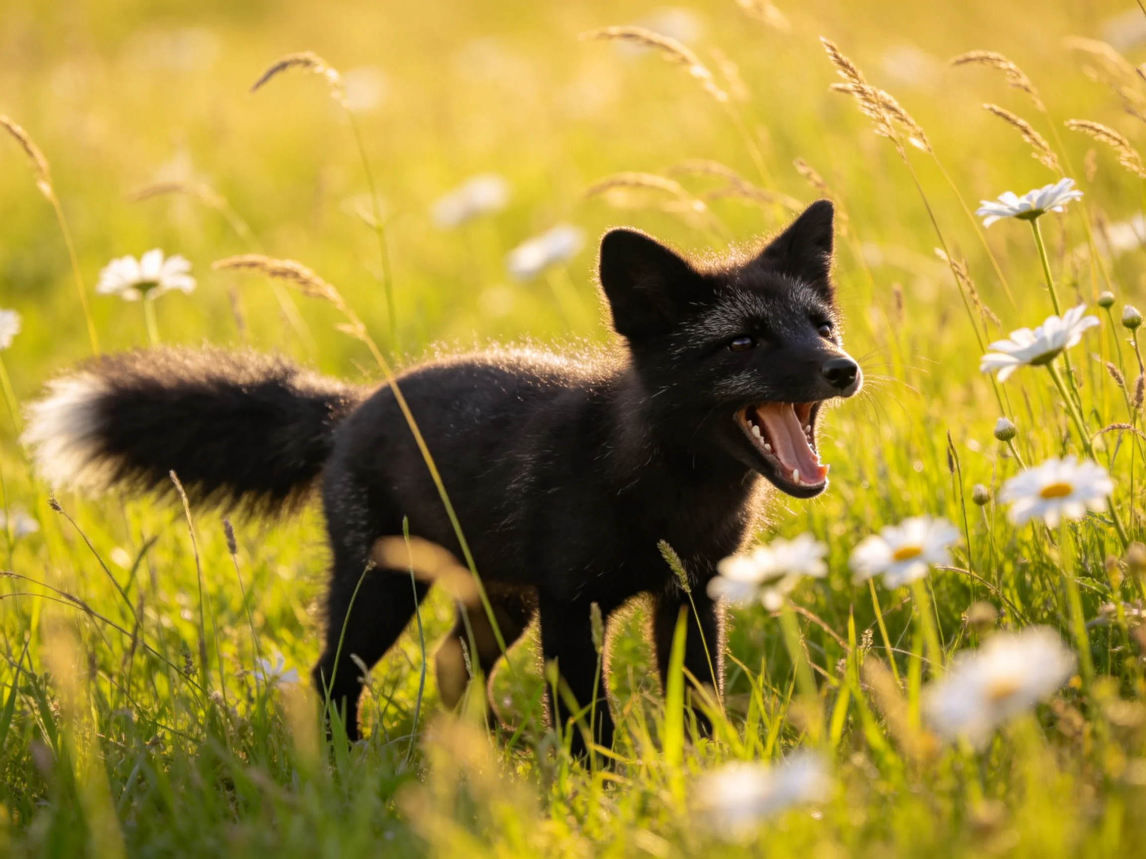 A black fox yawns in a sunlit wildflower meadow