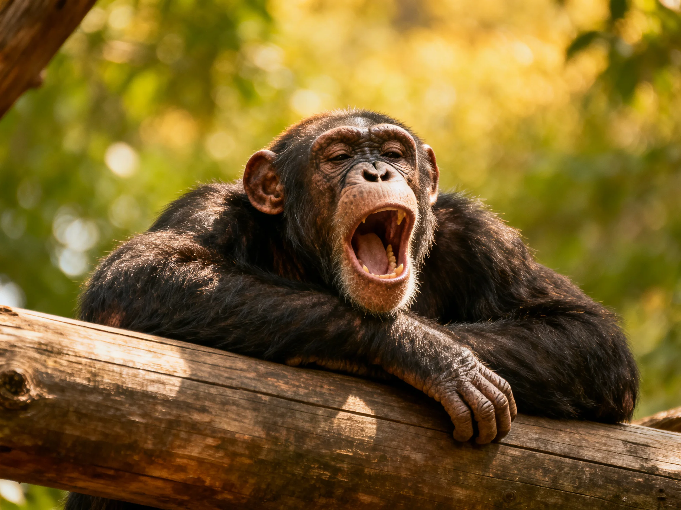A black-furred chimpanzee yawns while resting on a wooden log in a sunlit forest.