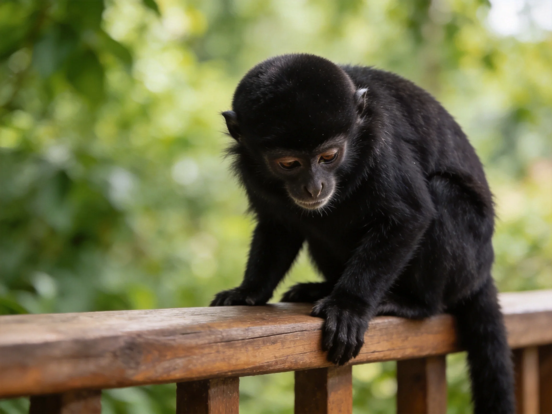 A black-furred monkey perches on a wooden railing with green backdrop
