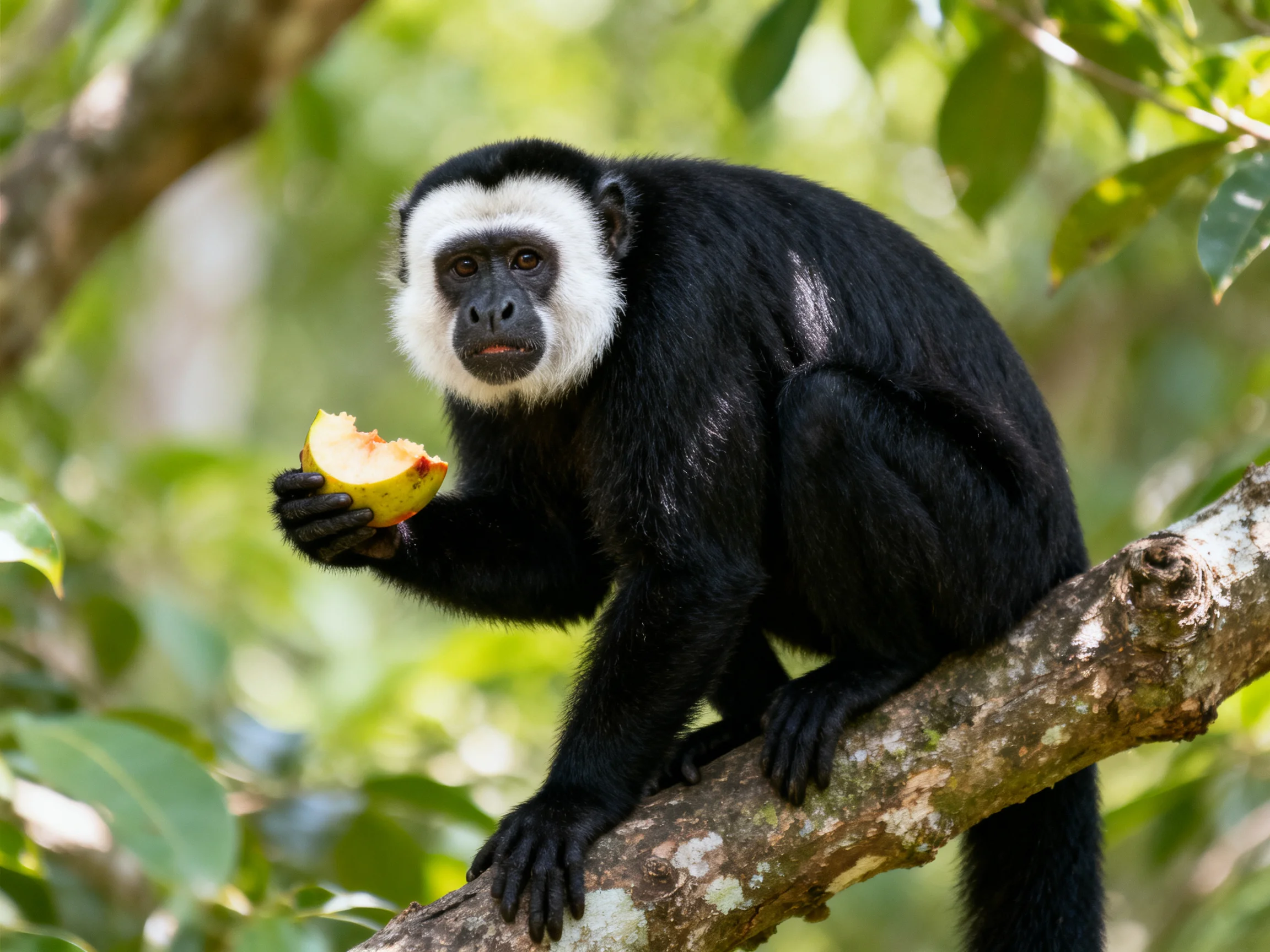 A black-furred monkey with white face eats fruit on a tree branch