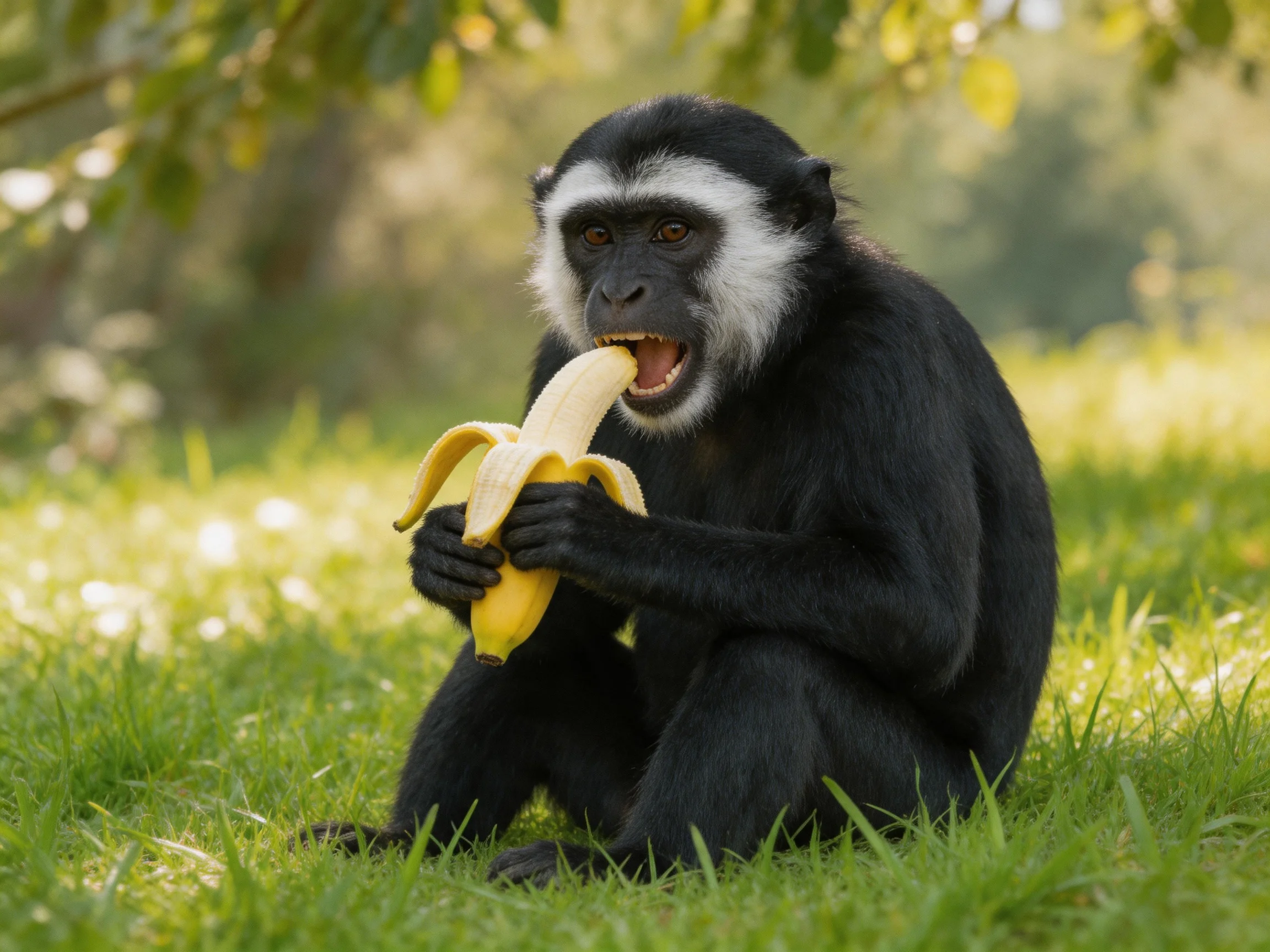 A black-furred monkey with white facial markings eats a banana in a grassy setting