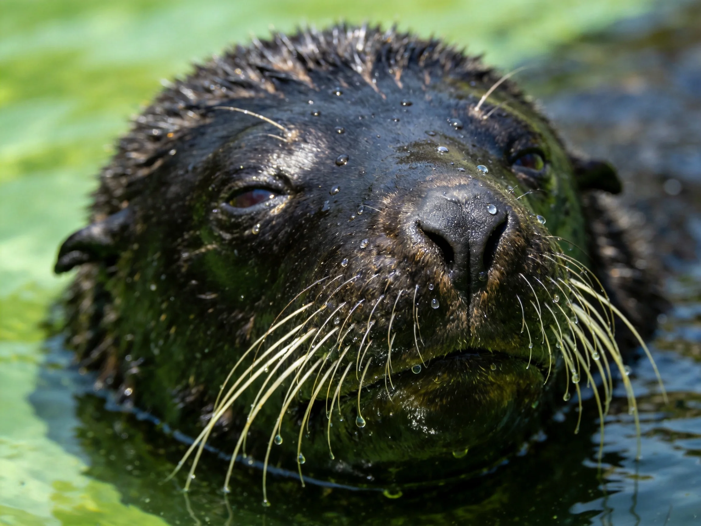 A black-furred seal with long whiskers in green-tinted water