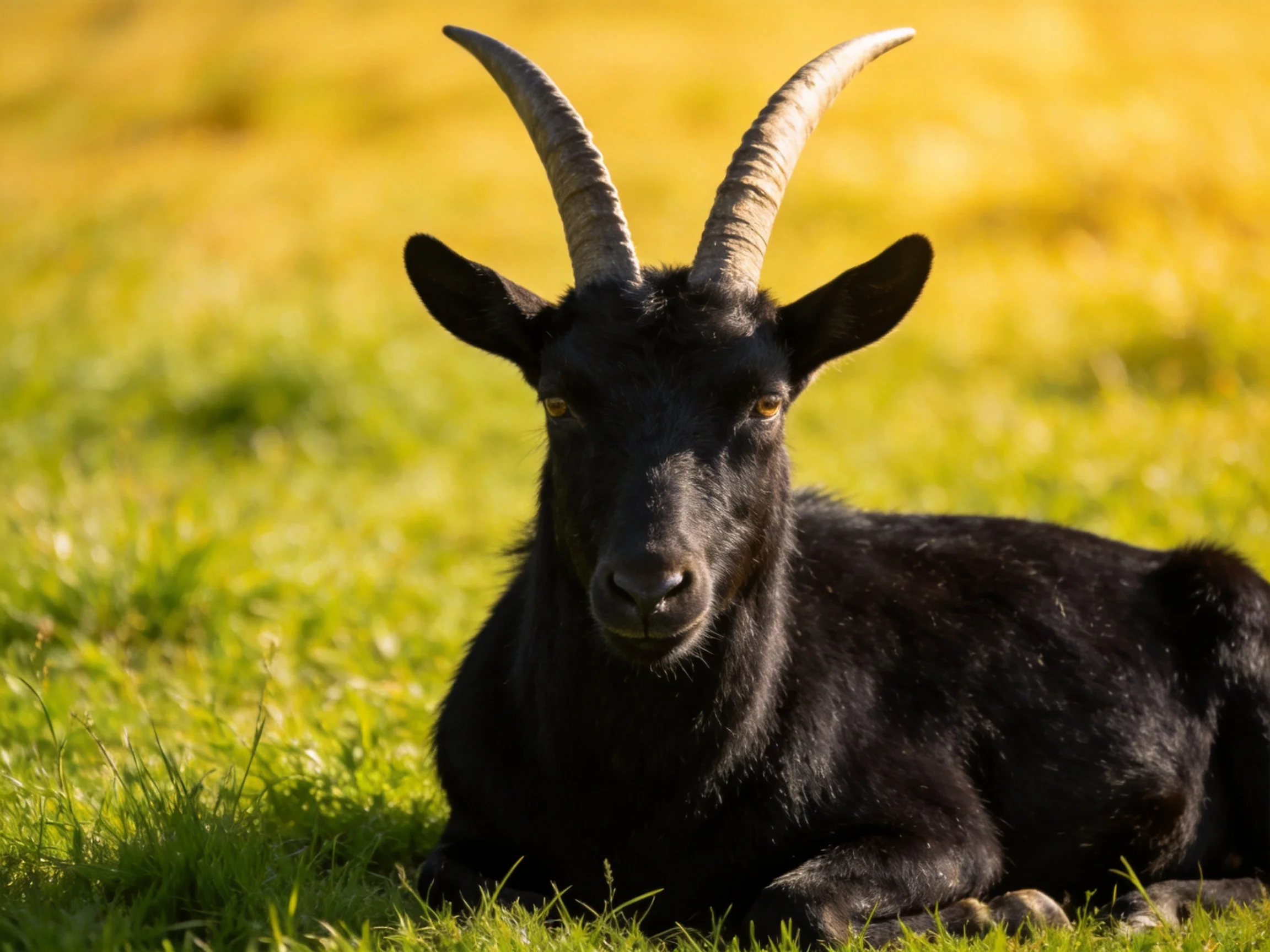 A black goat with curved horns resting on green grass