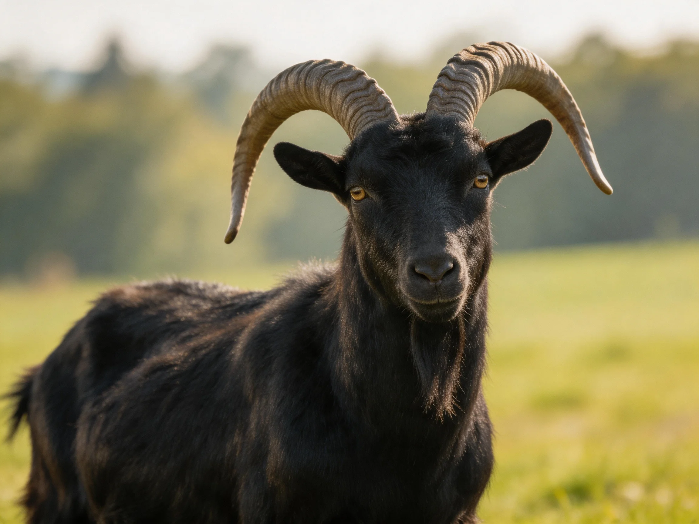A black goat with large curved horns in a sunlit grassy field