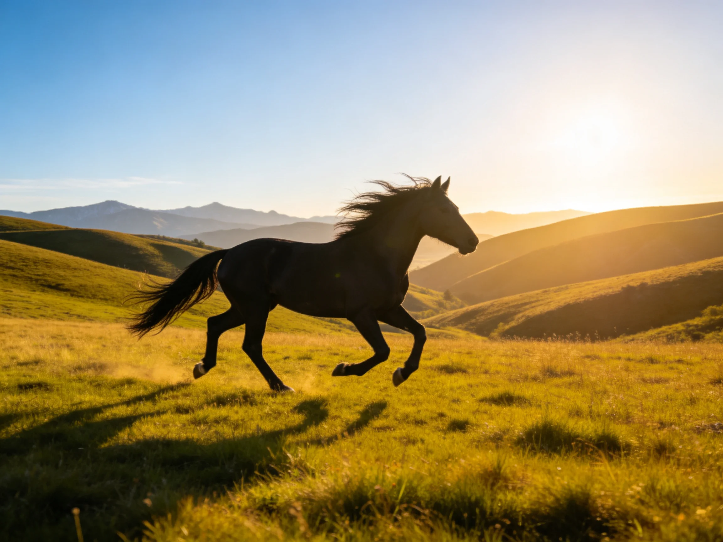 A black horse gallops through golden fields with rolling hills in the background.
